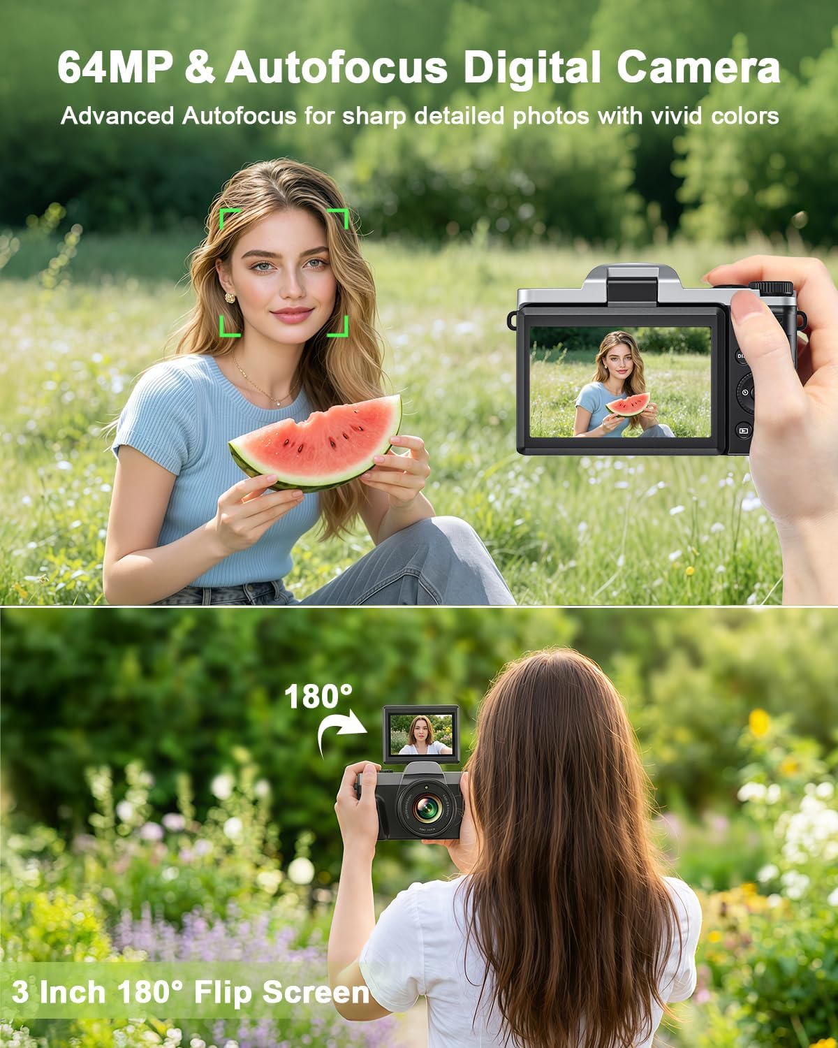 Detalle 2 de 4K Digital Camera with WiFi, 64MP Autofocus Vlogging Camera with 3" Flip Screen – 16X Zoom, Included 32GB Card & 2 Batteries