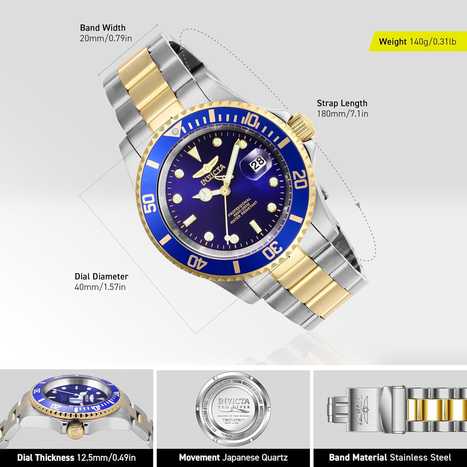 Thumbnail 2 de Invicta Pro Diver Montre Homme – Mouvement Quartz, Acier Inoxydable, 40 mm, cadran bleu