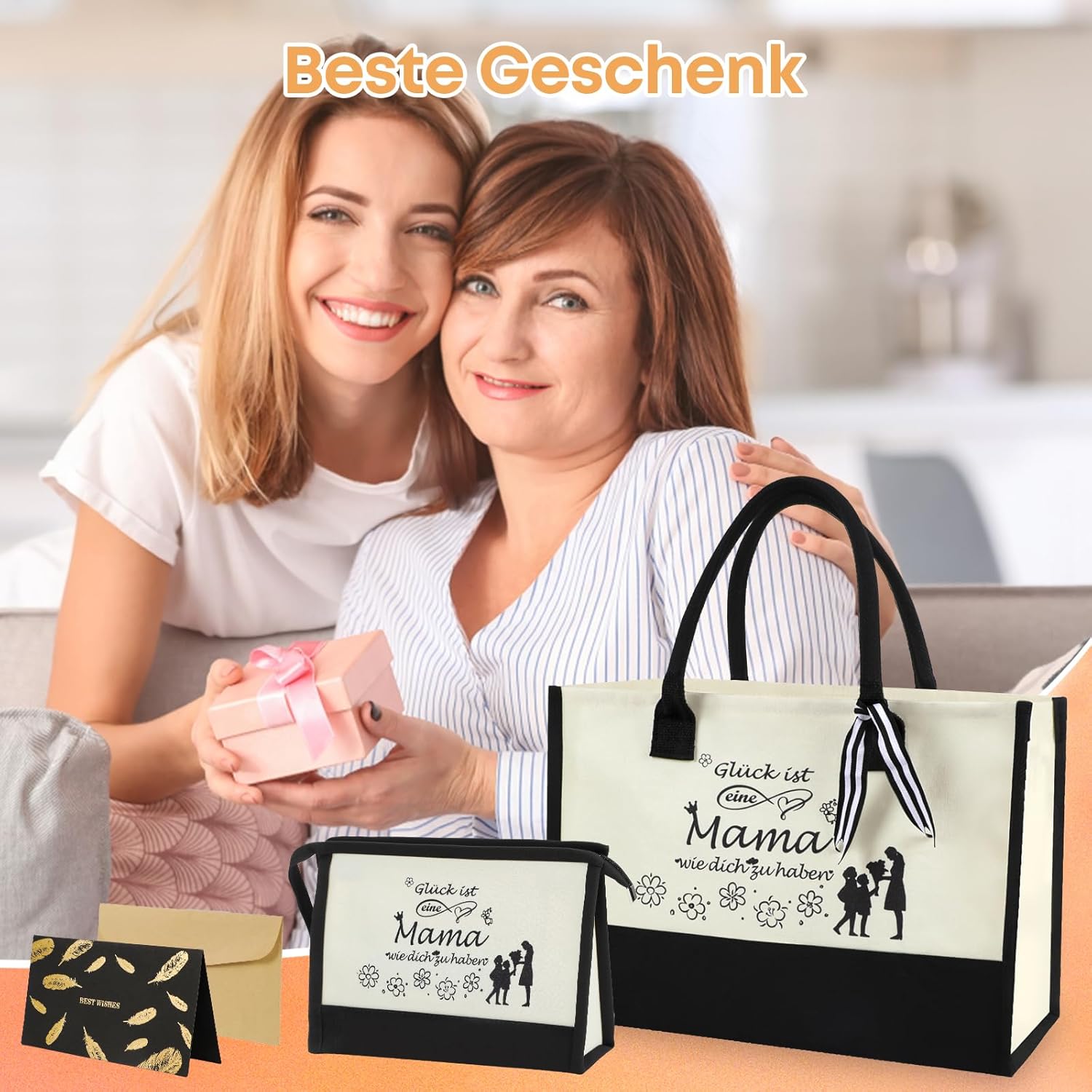 Detalle de Seutgjie Set „Geschenke für Mama“ mit Canvas-Tasche, Kosmetiktasche, Glückwunschkarte und Reh-Anhänger