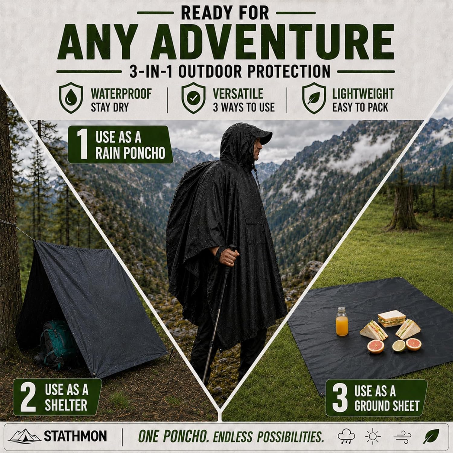 Thumbnail 4 de Stathmon Poncho Waterproof Adult with PU8000mm coating (reusable) – 240T lightweight rain poncho