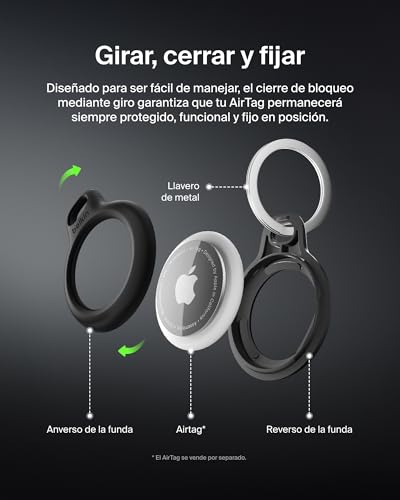 Detalle de Belkin Llavero AirTag: Funda resistente a arañazos con frontal abierto y bordes elevados (Negro)