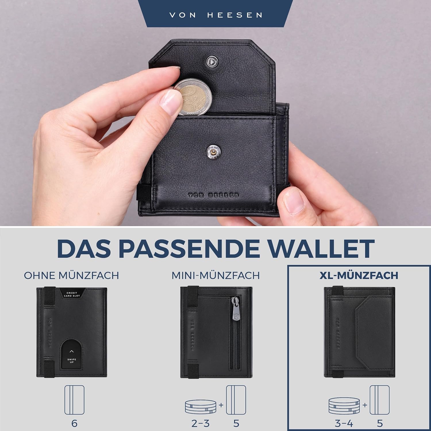 Thumbnail 5 de VON HEESEN Slim Wallet mit XL Münzfach & RFID-Schutz – Nappa-Leder Kartenetui klein (schwarz, glatt)