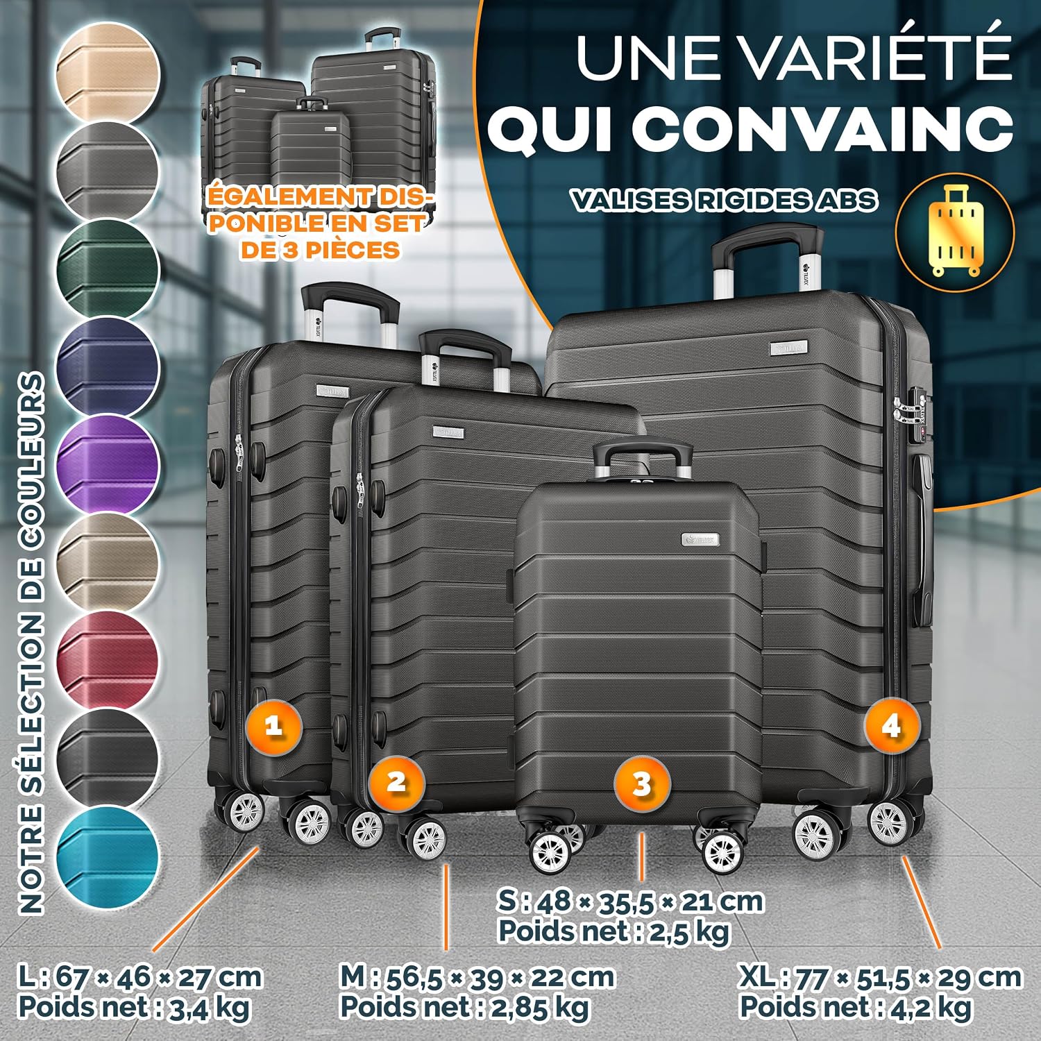 Detalle de Set tillvex® de 4 valises rigides avec roulettes + balance, sangles et étiquettes (S/M/L/XL) gris/anthracite