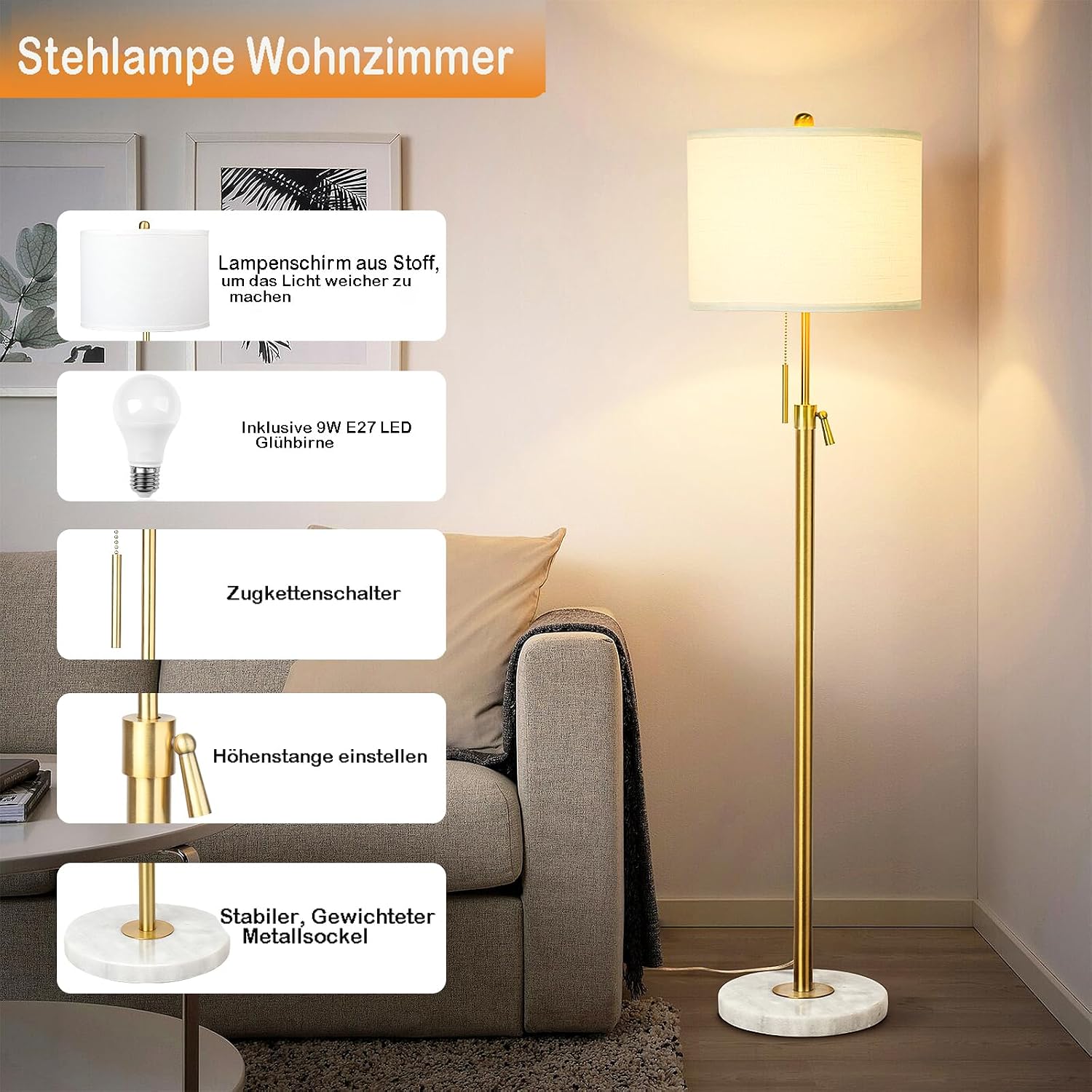 Detalle de Qingmiao Stehlampe für Wohnzimmer & Büro mit Leinen-Schirm, 140–168 cm höhenverstellbar und 3 Farbtemperaturen (E27)
