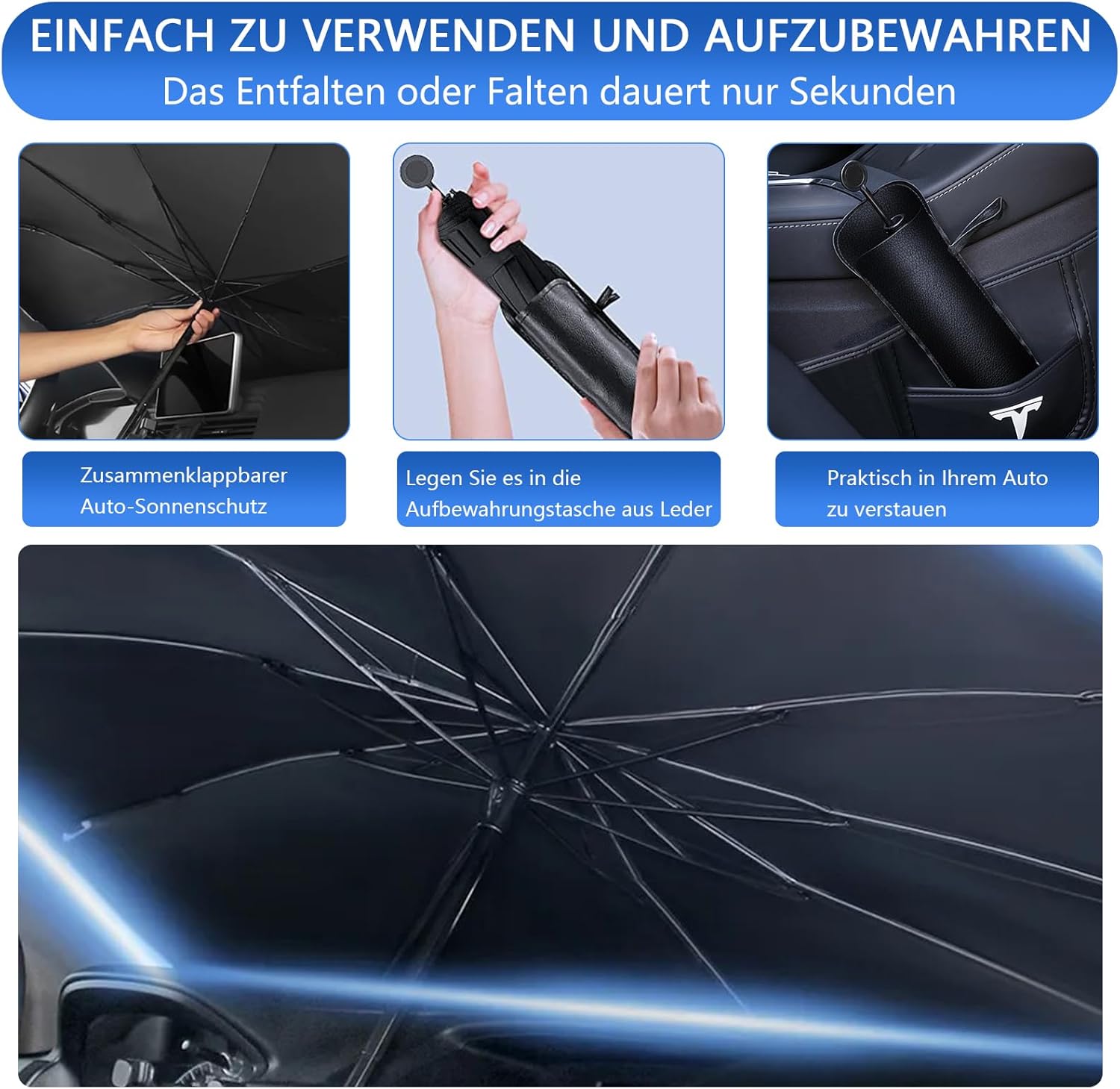 Detalle de JelKen Auto Sonnenschutz Frontscheibe mit 360° Drehgriff – Carbonfaser-Skelett, 140x79 cm (Universell)
