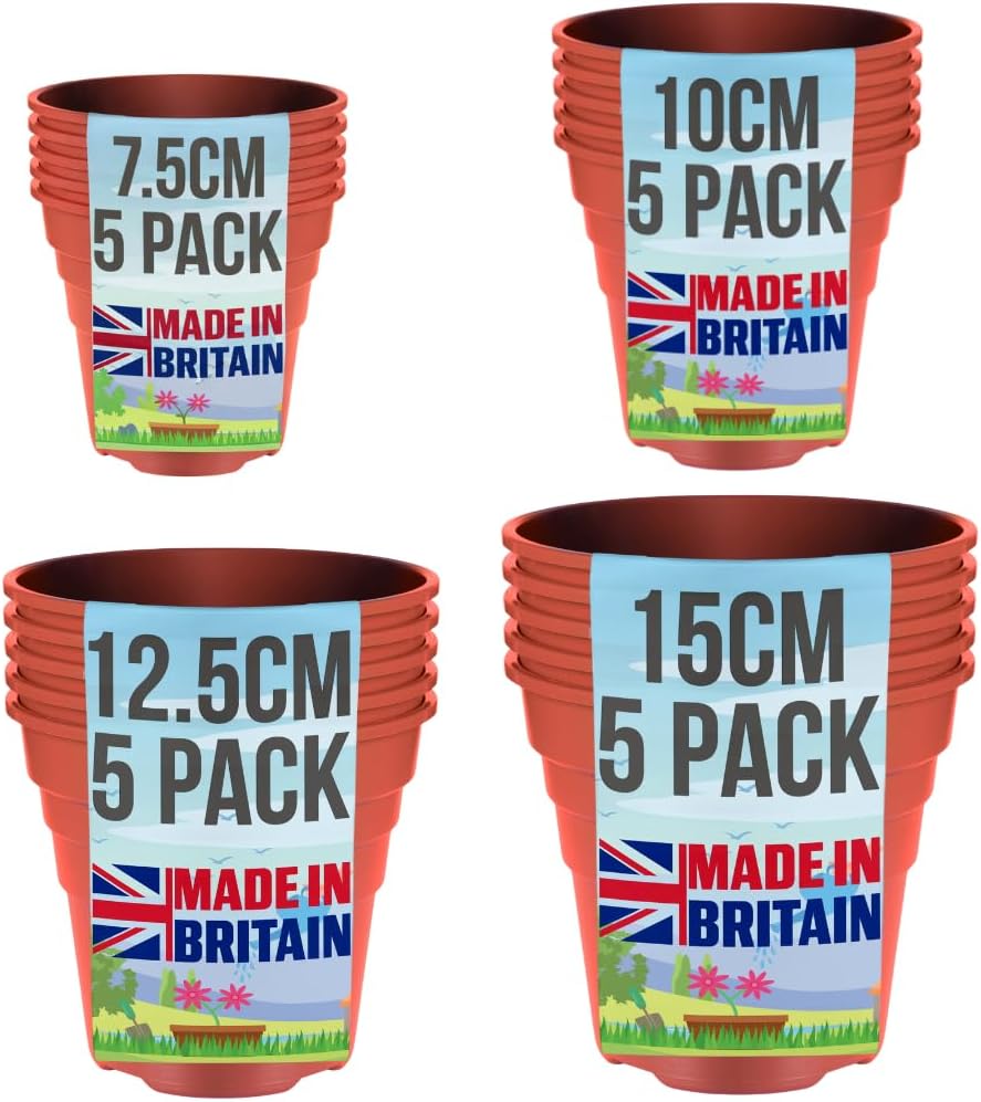 Detalle de Happy Pots 20 Pack Plastic Plant Pots (Mixed Sizes) – Made in UK, Terracotta, Drainage Holes