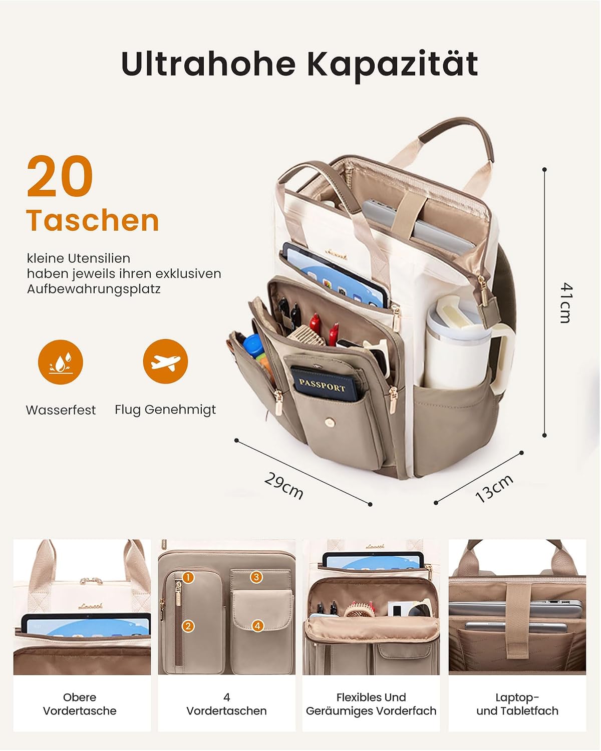 Detalle de LOVEVOOK Damen-Rucksack 15,6 Zoll – 2-in-1 Handtasche, wasserdicht, 20 Taschen, großes Fach, ideal für Schule, Uni, Arbeit und Reisen