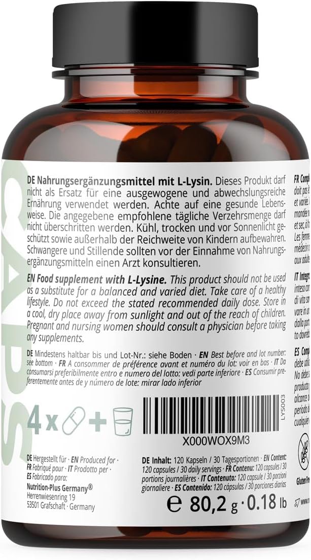 Thumbnail 6 de Nutri+ L-Lysin Kapseln hochdosiert + vegan – 120 Kapseln, 550 mg je Kapsel (2200 mg Tagesdosis)