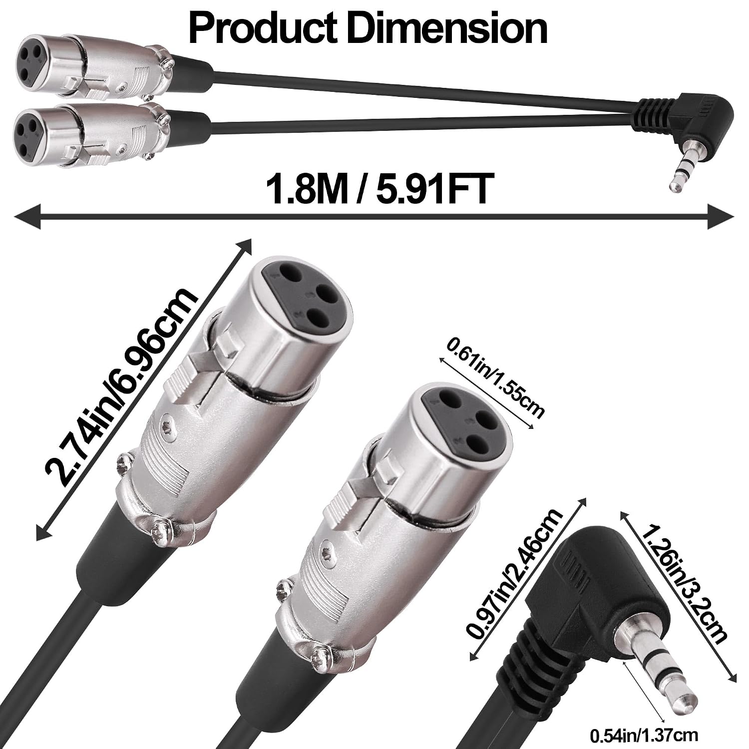 Detalle 2 de YARCHONN 01-120 3.5mm TRS to Dual XLR Female Y-Splitter Cable, Right-Angle Plug