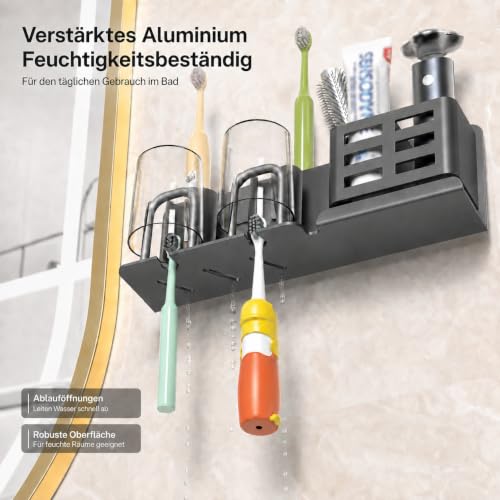 Detalle 2 de KEXIBO Zahnbürstenhalter Wand Ohne Bohren – Aluminium, Klebehalterung für 2 Becher, Grau