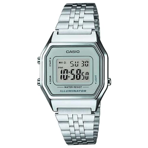 Detalle de Casio LA680WEA-7EF Damen-Digitaluhr: Edelstahl, LED-Beleuchtung und präzise Stoppfunktion