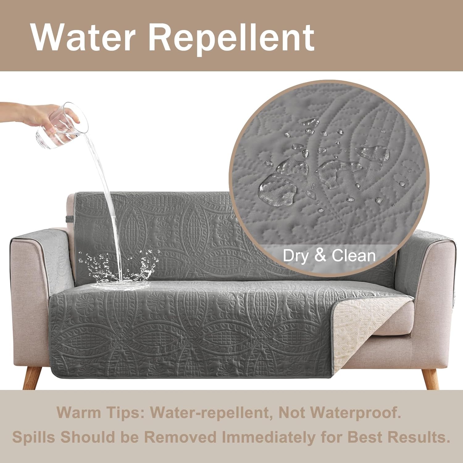 Thumbnail 2 de Pamhaven Quilted Grand Sofa Covers: 88" Water-Repellent Slipcover with Side Pockets