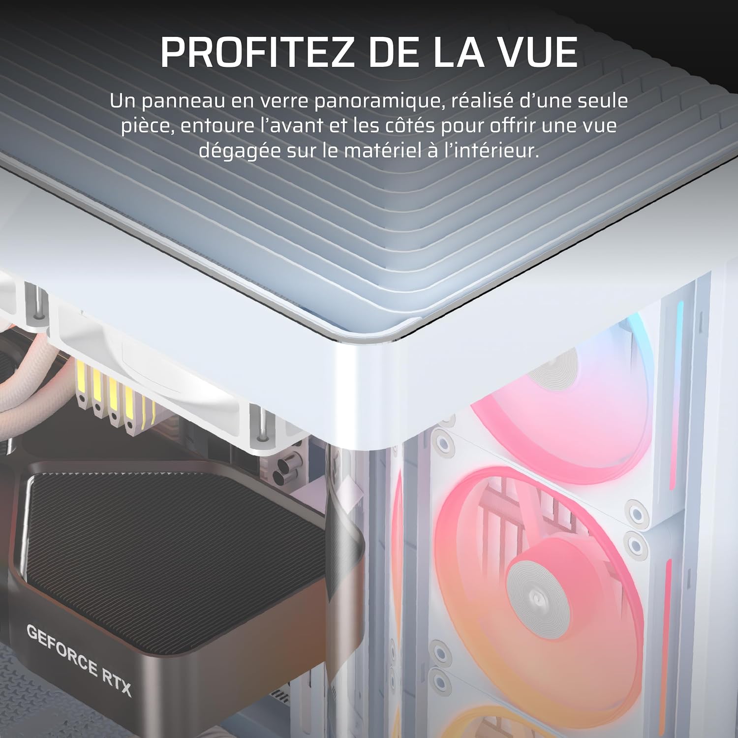 Detalle de CORSAIR Frame 4500X LX-R RGB Link – boîtier moyen-tour blanc avec verre panoramique et système InfiniRail