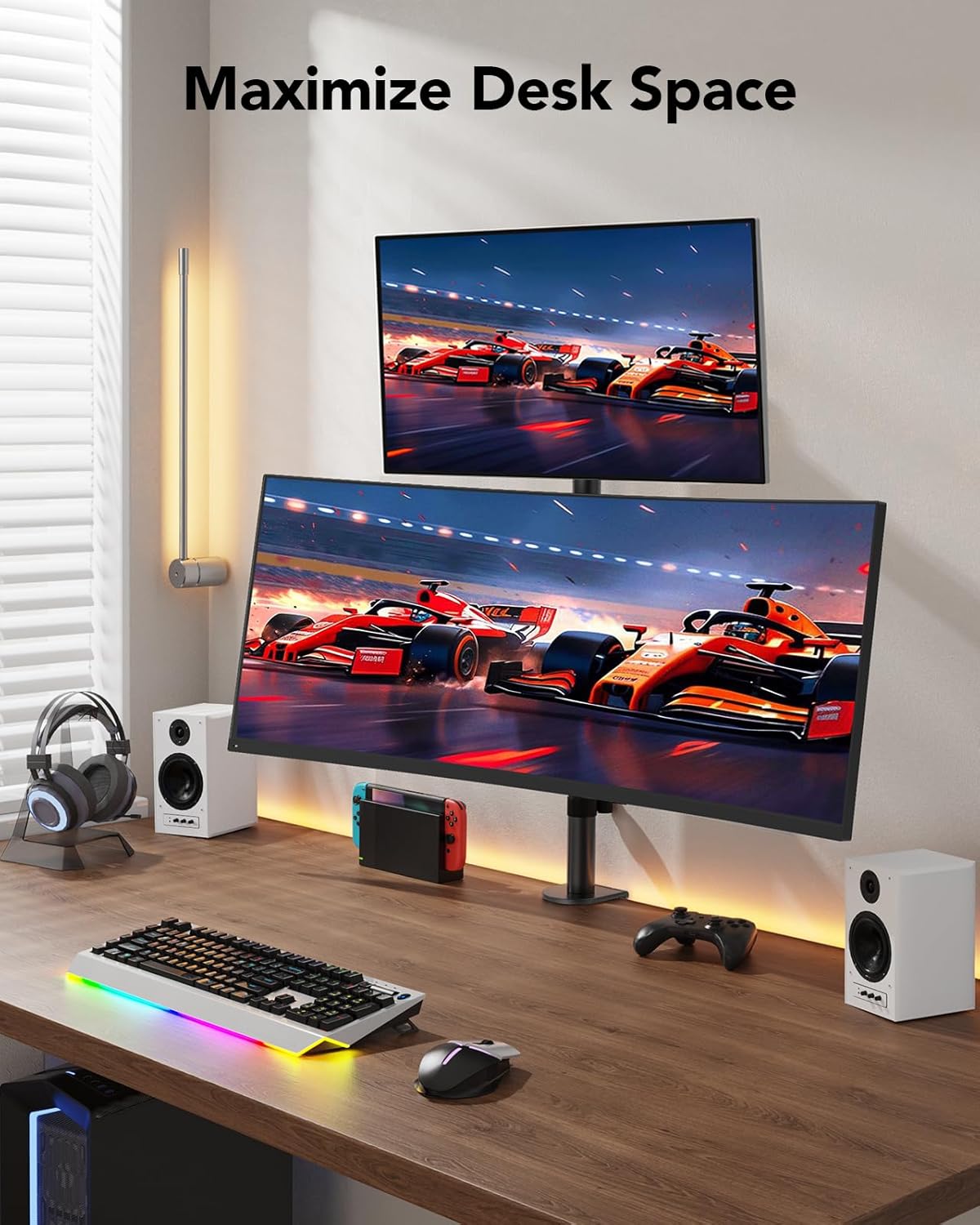 Thumbnail 5 de HUANUO Vertical Dual Monitor Stand | Stacked 2‑Monitor Arm for 17–32 Inch Screens
