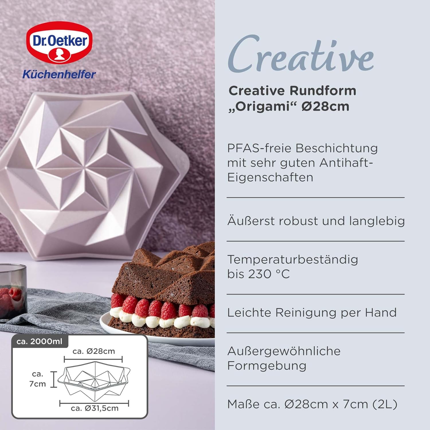 Detalle de Dr. Oetker Creative Rundform Origami – Ø28 x 7 cm, rose-gold, PFAS-freie Antihaftbeschichtung