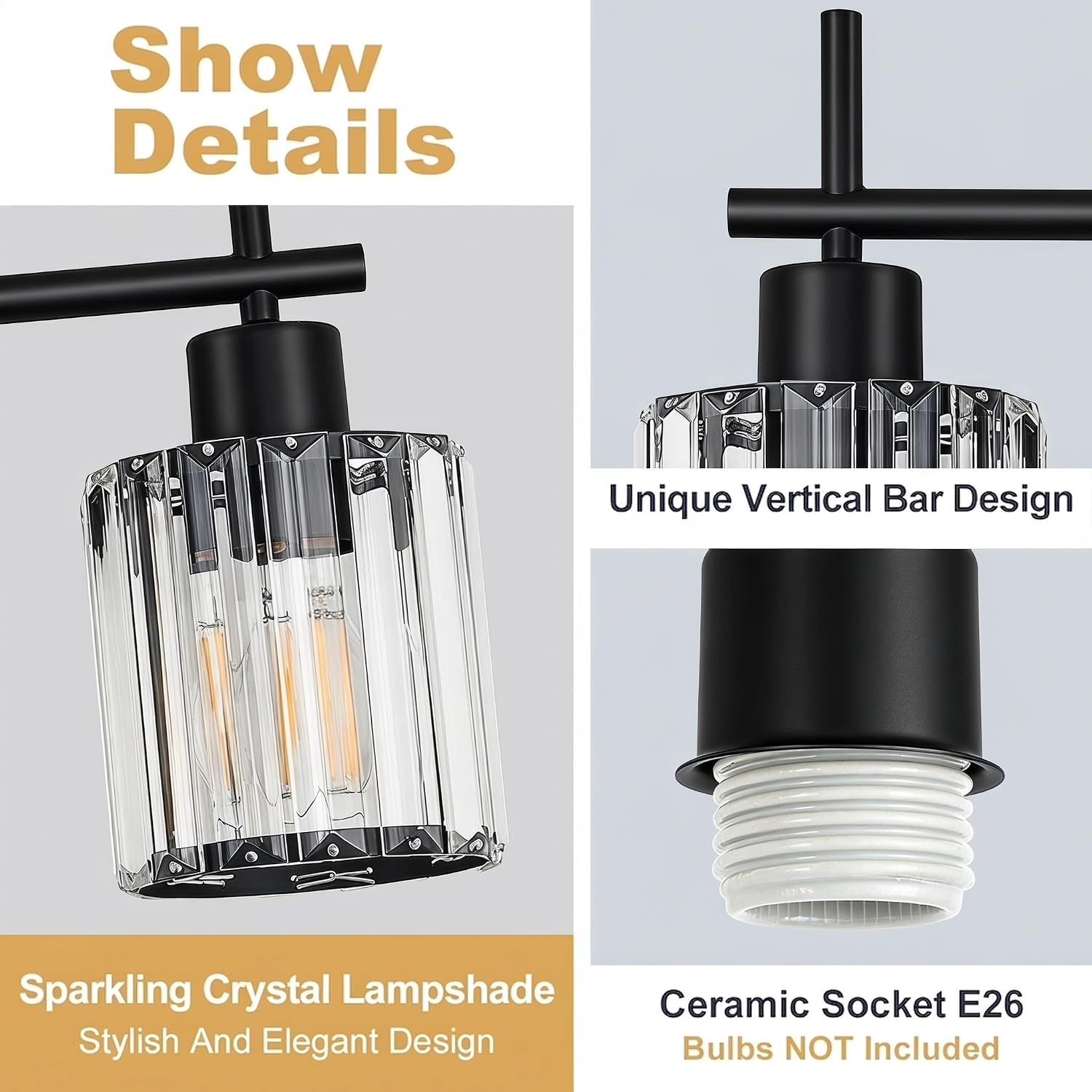 Thumbnail 5 de Dvnctz DC20260410AA 3-Light Crystal Vanity Light, Black Round Fixture