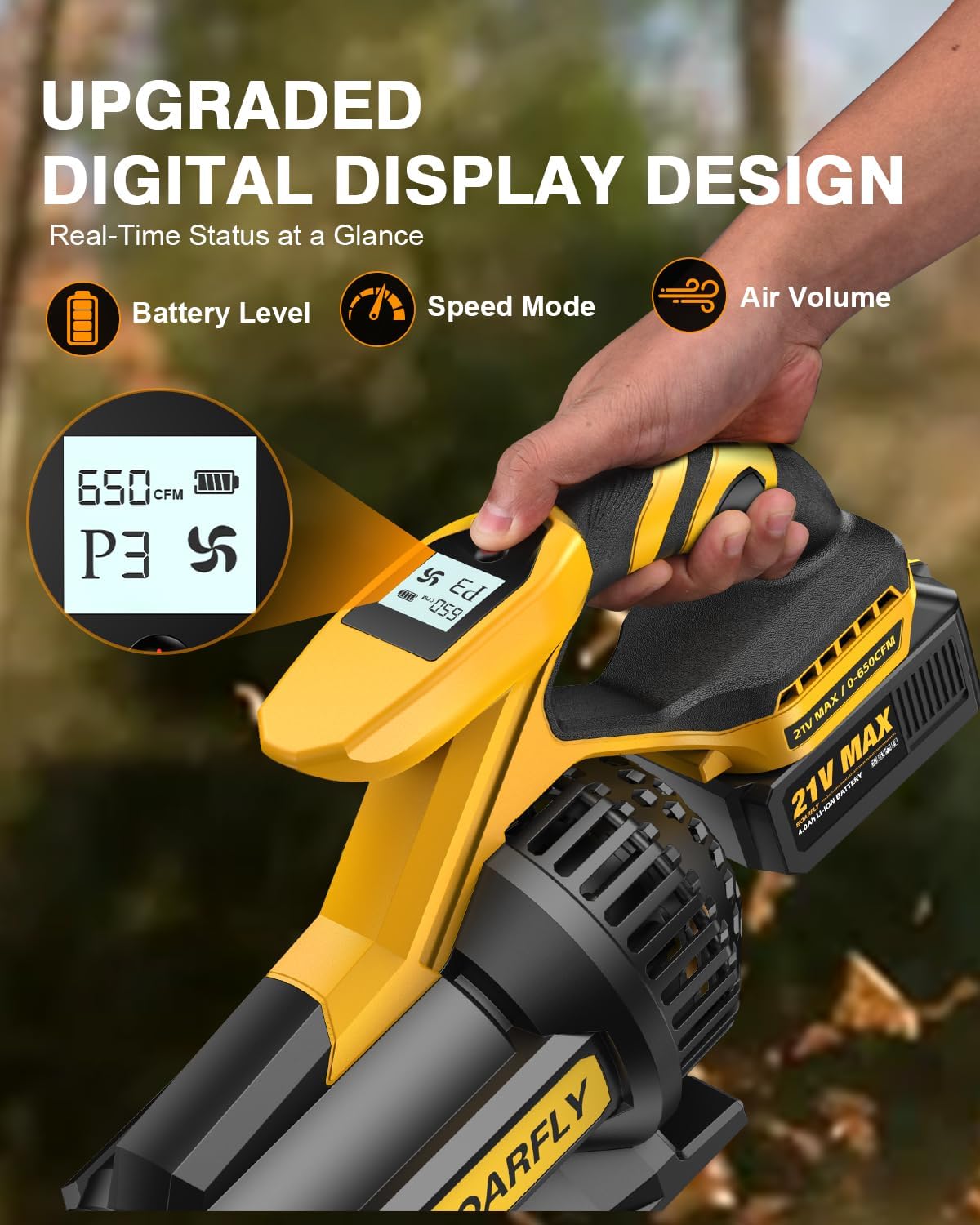Detalle 2 de SoarFly JY-LB2401 Cordless Leaf Blower, 650 CFM, LCD Display and 2 Batteries