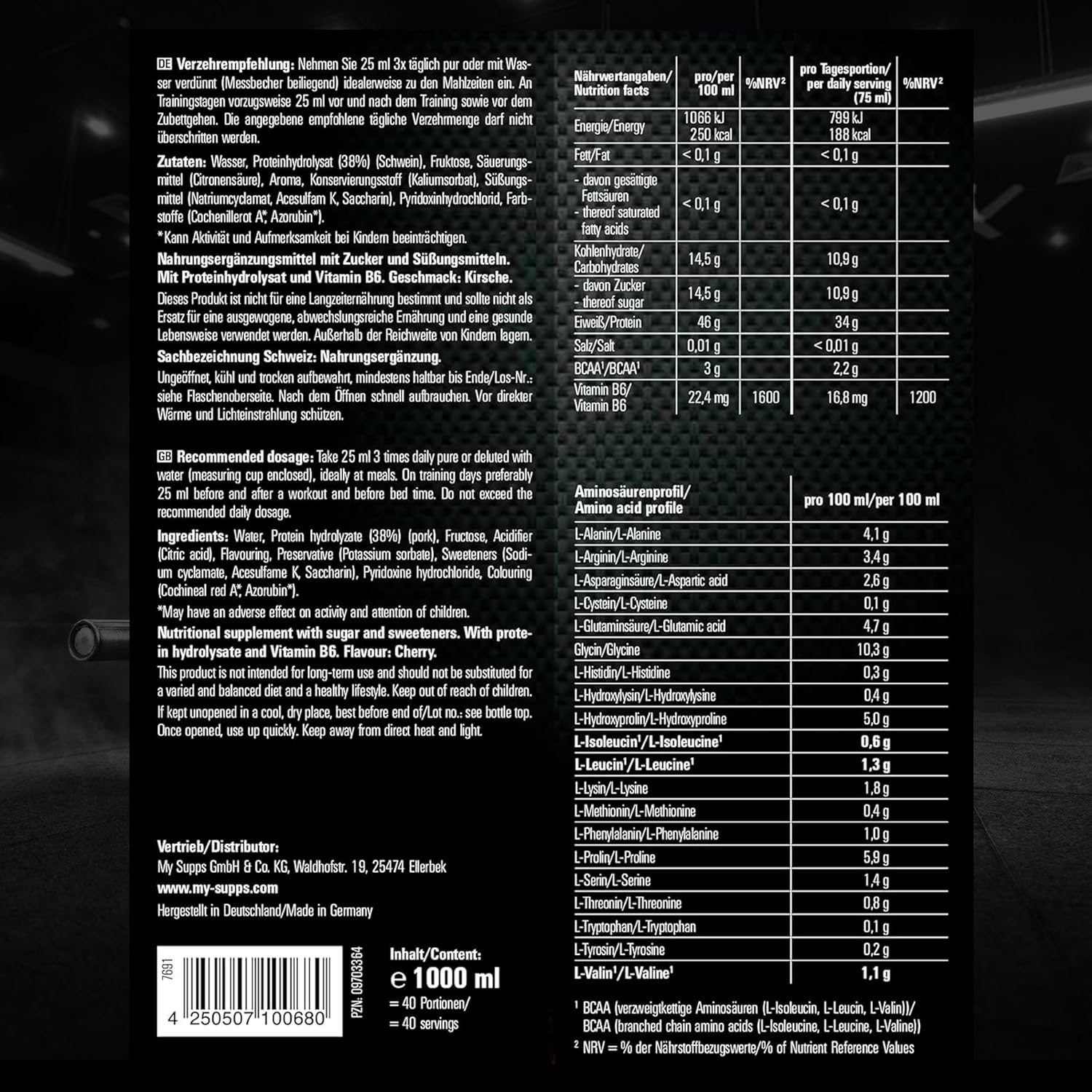 Thumbnail 2 de My Supps Power Amino Liquid 1000 ml Kirsche – flüssiger Aminosäuren-Komplex mit BCAA, EAA & Vitamin B6