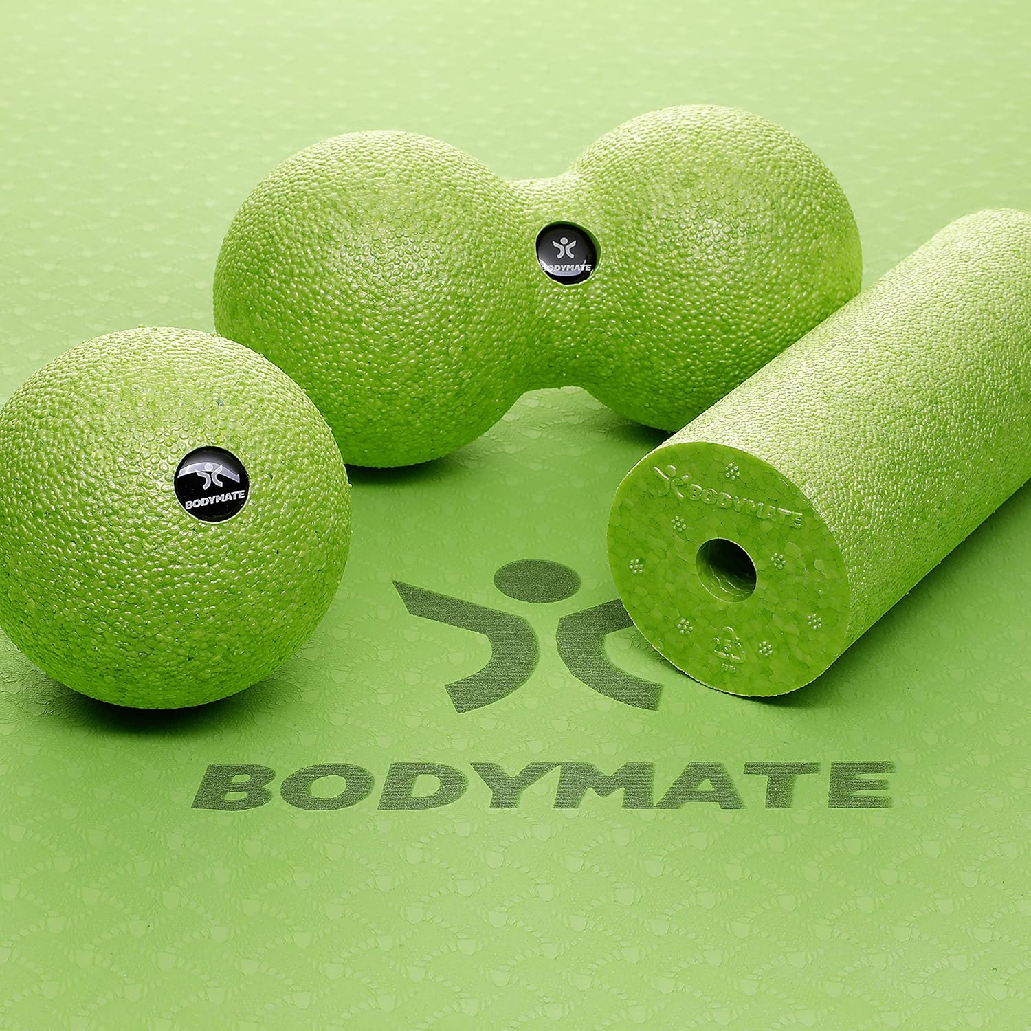 Detalle de Set massage des fascias BODYMATE : mini rouleau L15 cm, balle Ø8 cm et duo de balles Ø8 cm (vert pomme)
