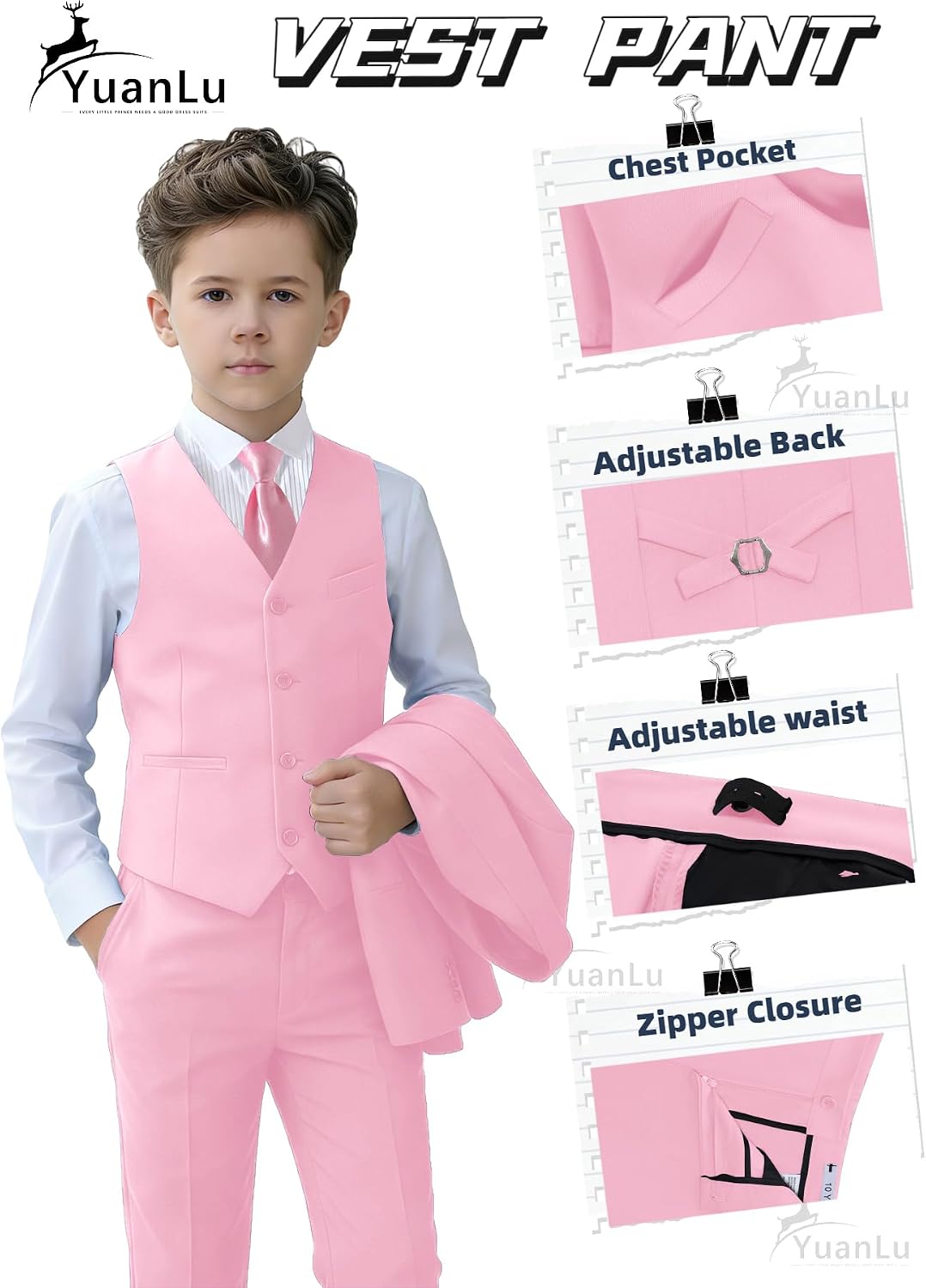Detalle 2 de YuanLu Boys' Light Pink Slim-Fit Suit Set, Adjustable Waist, Ring Bearer
