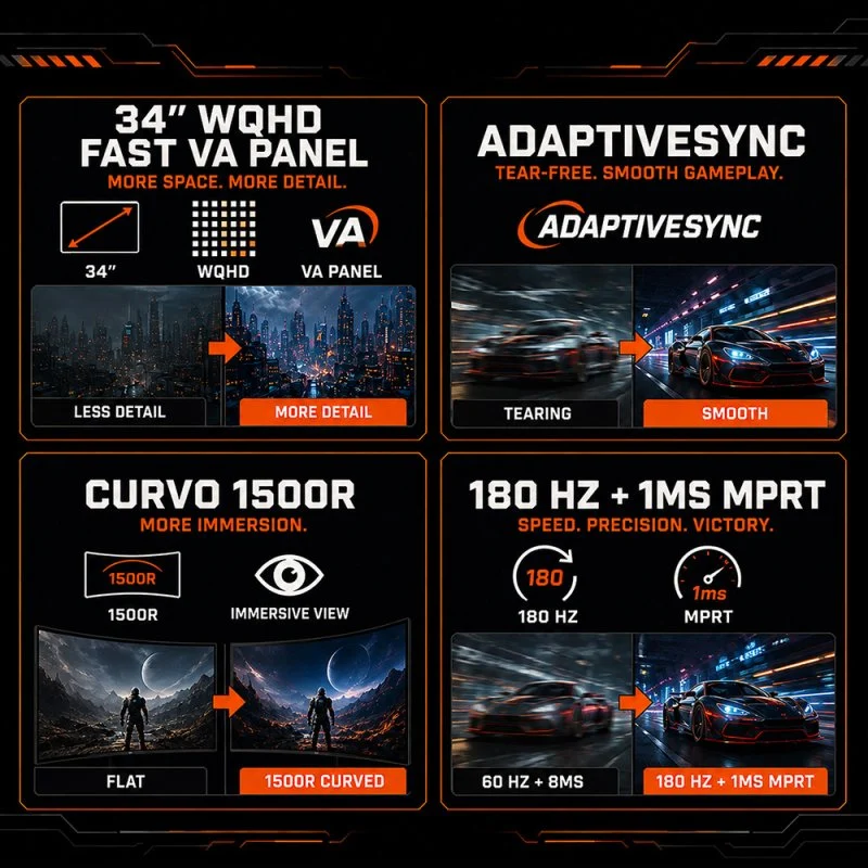 Detalle 2 de Monitor Gaming PcCom Elysium Pro 34" Curvo 180 Hz: WQHD, VA, MPRT 1 ms y Altura Regulable
