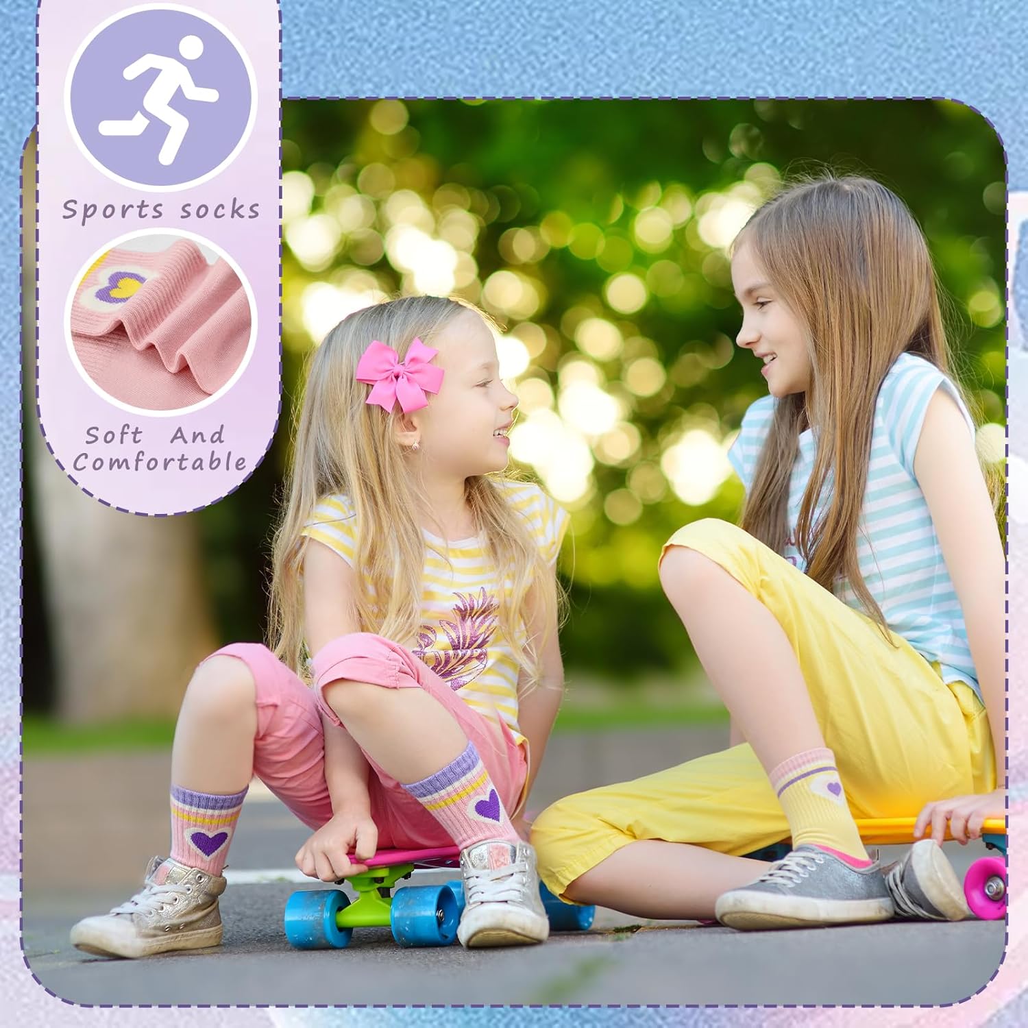 Detalle de Partideal 5 Pairs Kids Cotton Crew Socks – Breathable, Striped Hearts Design for 9–12 Year Olds