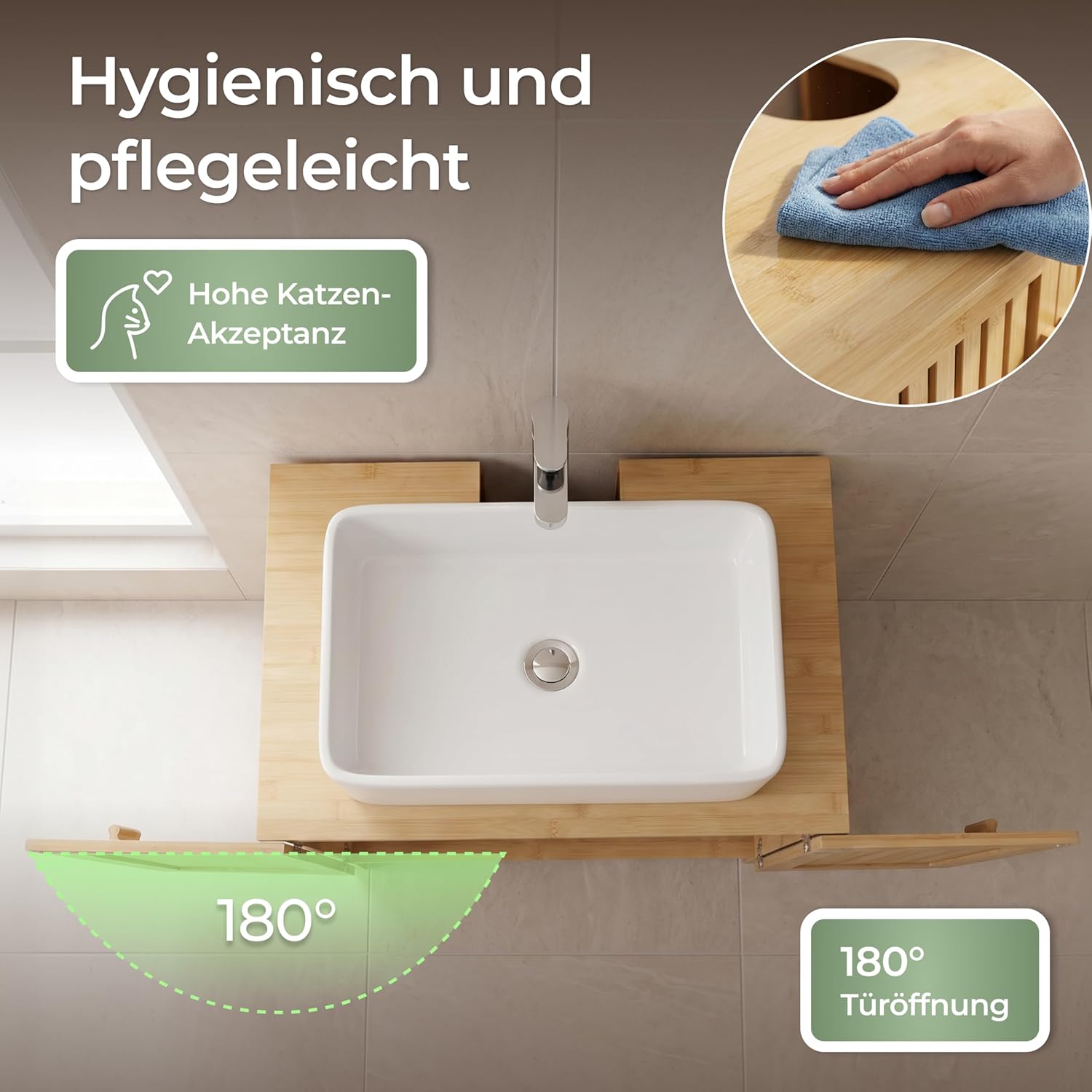 Thumbnail 5 de WOOWOOD Katzenklo Waschbeckenunterschrank aus Bambus – 60×44×60 cm