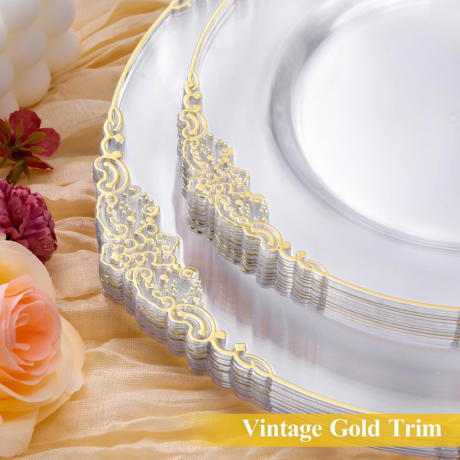 Detalle de Bestluck 200 PCS Clear and Gold Plastic Plates 10.25