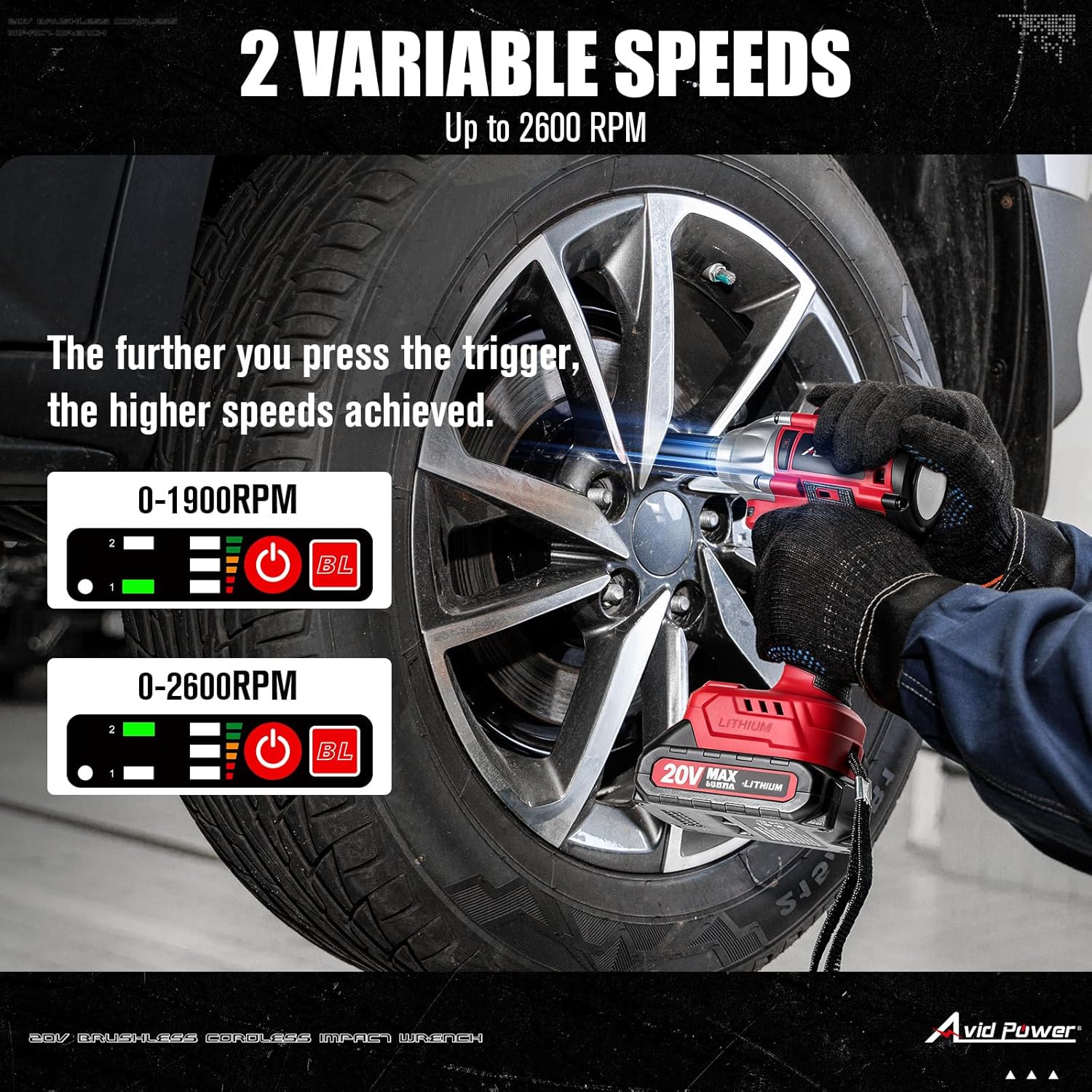 Thumbnail 2 de AVID POWER 20V Brushless 1/2” Impact Wrench (332 ft-lbs / 450 N.m) with 2.0 Ah Battery, 2 Speeds, LED & Sockets
