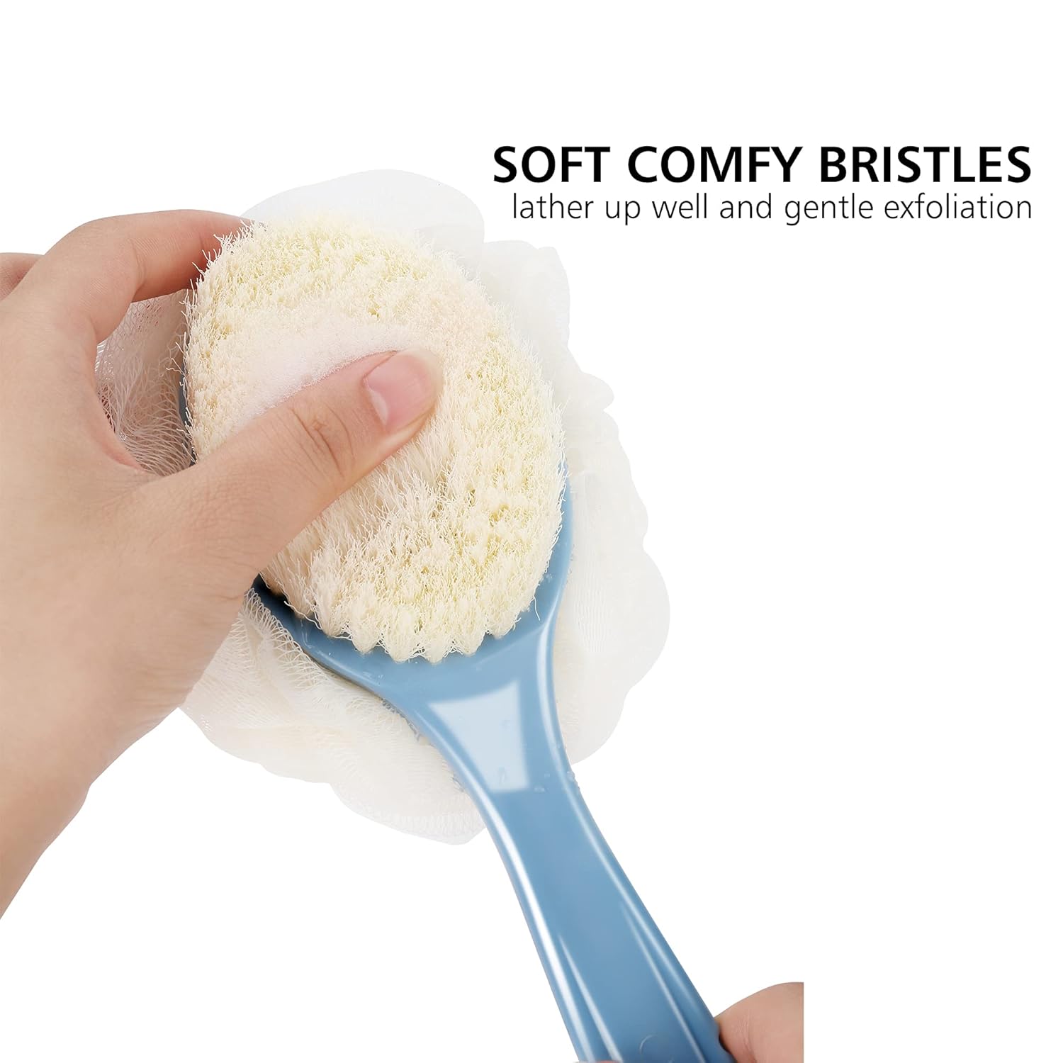 Detalle de MUNTI 2-in-1 Shower Back Scrubber: Bristle + Loofah with Curved Long Handle (Blue)