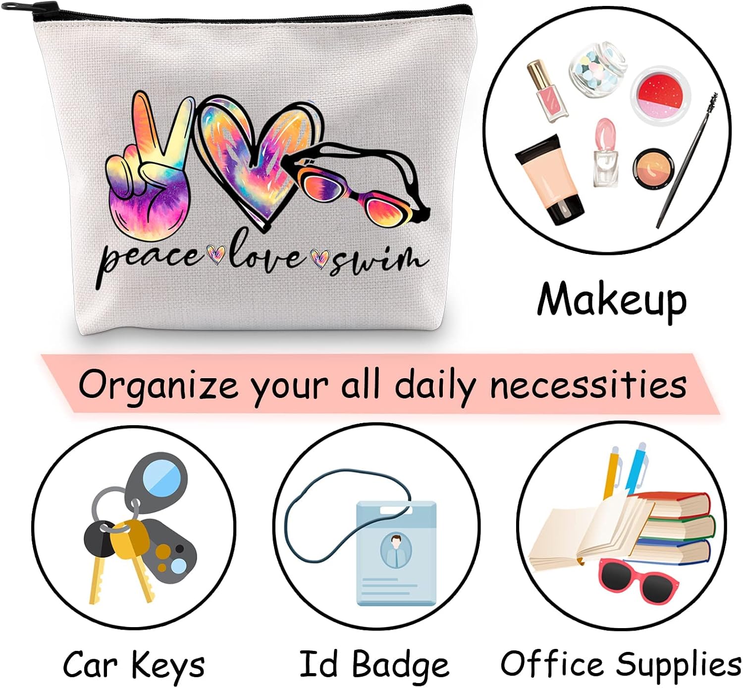 Thumbnail 6 de Peace Love Swim Makeup Bag by Funny Swimming Gift – Canvas Pouch with Zipper