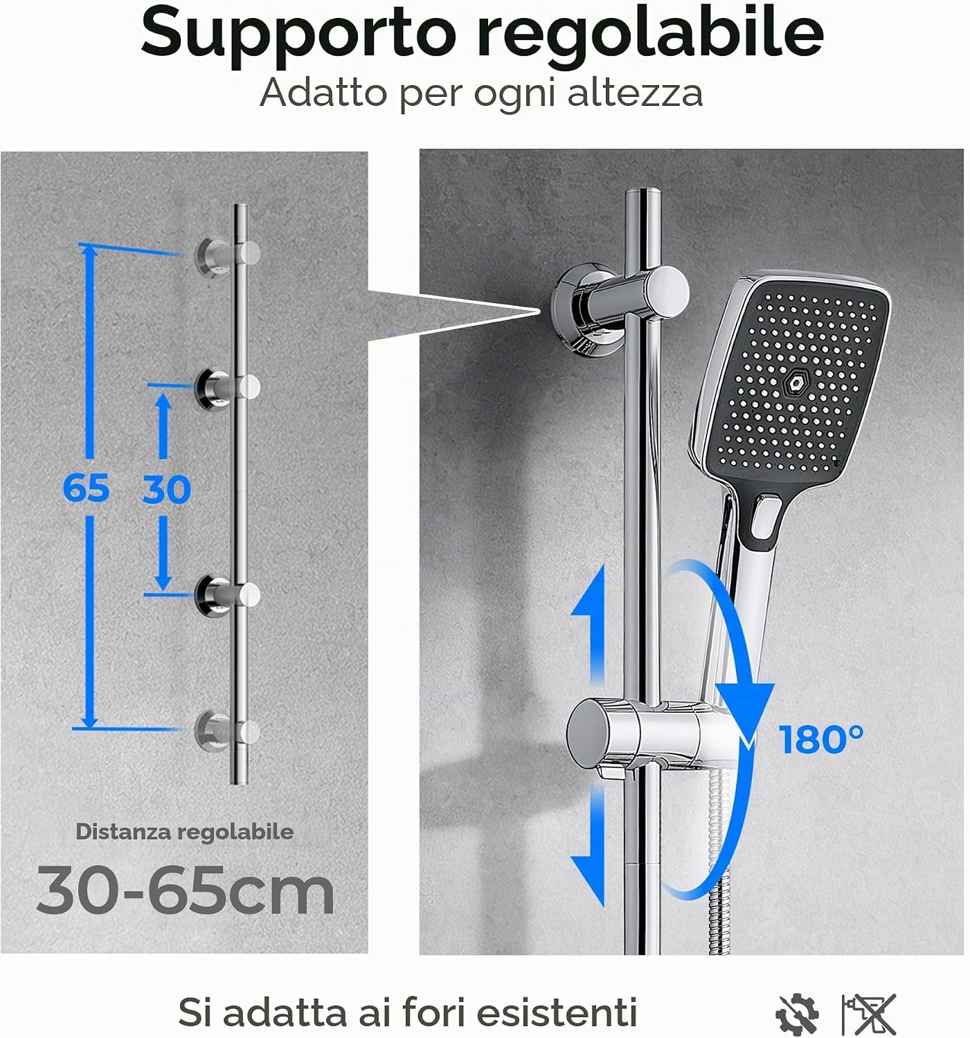Thumbnail 2 de JOHO Asta Doccia in acciaio inox 70 cm con supporto regolabile e mensola cromata