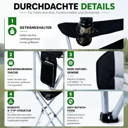 Detalle de Obqer Campingstuhl Faltbar Gepolstert Heavy Duty bis 180 kg mit USB-Heizung, Getränkehalter und Tragetasche