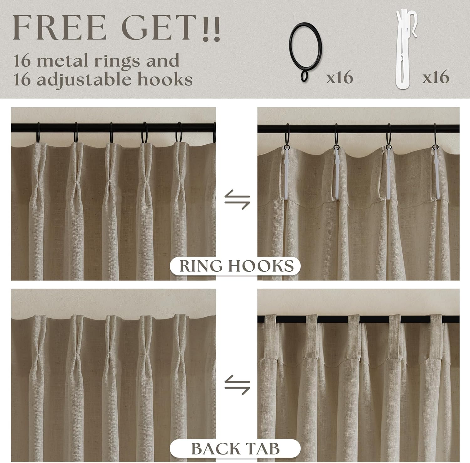 Thumbnail 4 de Pinch Pleated Linen Curtains 102 Inches Long (2-Panel Set) in Gray Beige Tan Neutral