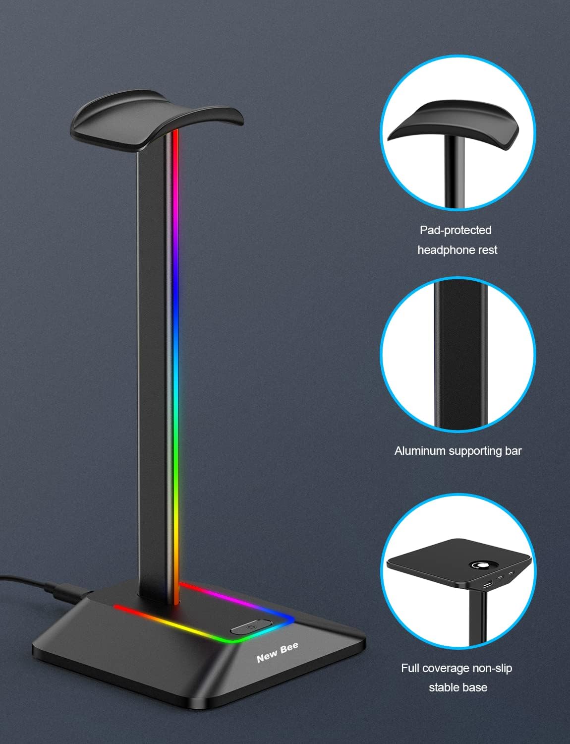 Thumbnail 3 de New Bee Support Casque RGB Gamer avec 2 Ports USB-C et USB – Support universel et élégant pour casque de gaming
