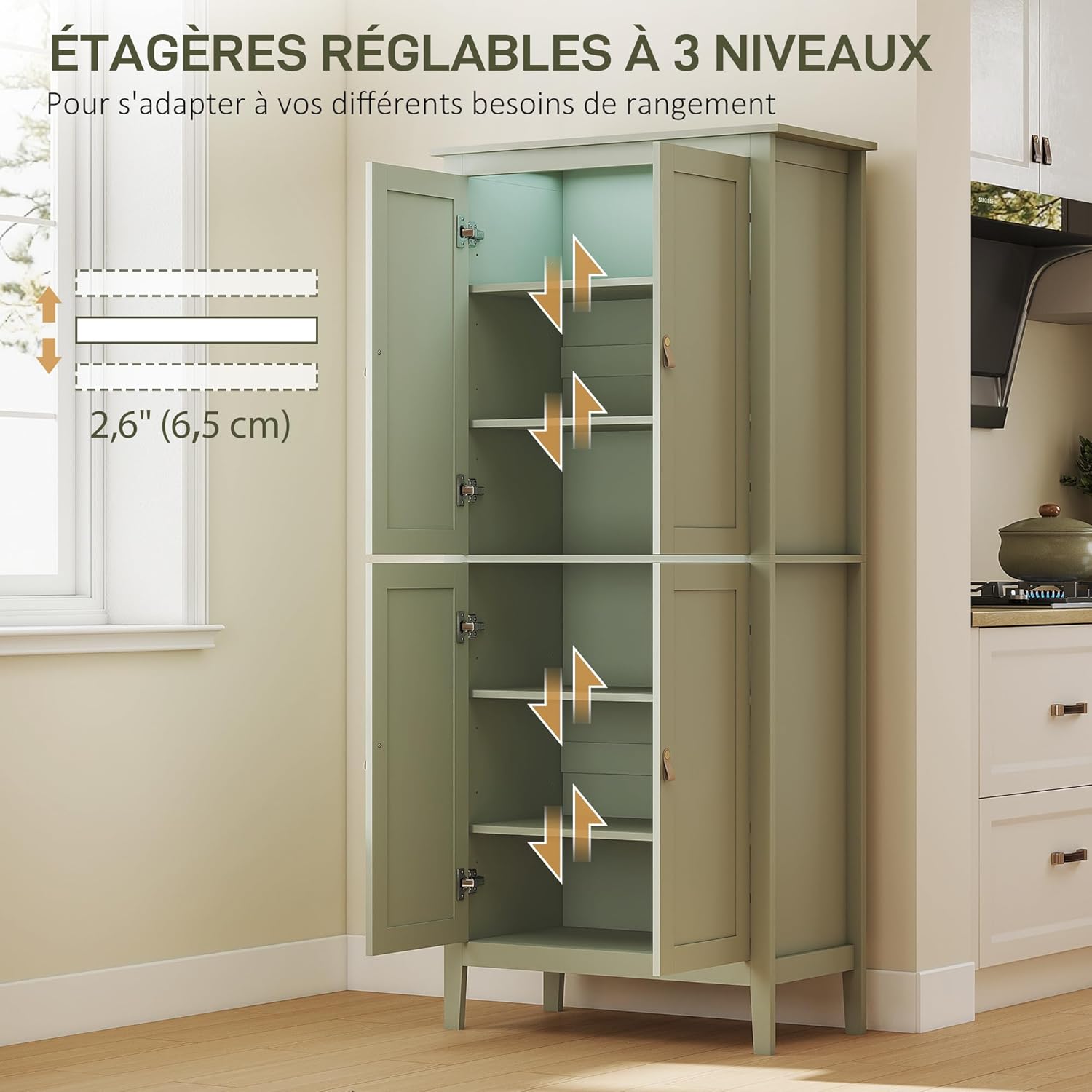 Thumbnail 5 de HOMCOM Buffet Cuisine avec LED réglable et détecteur de Mouvement – Rangement haute capacité 80 × 40 × 176,5 cm, Vert