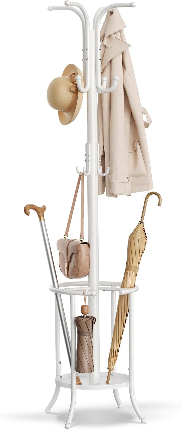 Detalle de SONGMICS Appendiabiti da terra con portaombrelli e 12 ganci RCR011W01, altezza 175 cm, bianco perla