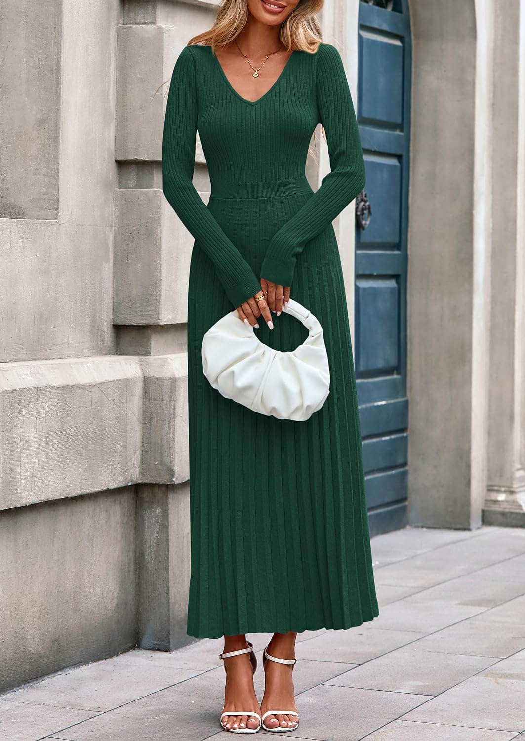 Detalle de PRETTYGARDEN Long Sleeve Maxi Sweater Dress, Ribbed Knit, V-Neck, Pleated A-Line