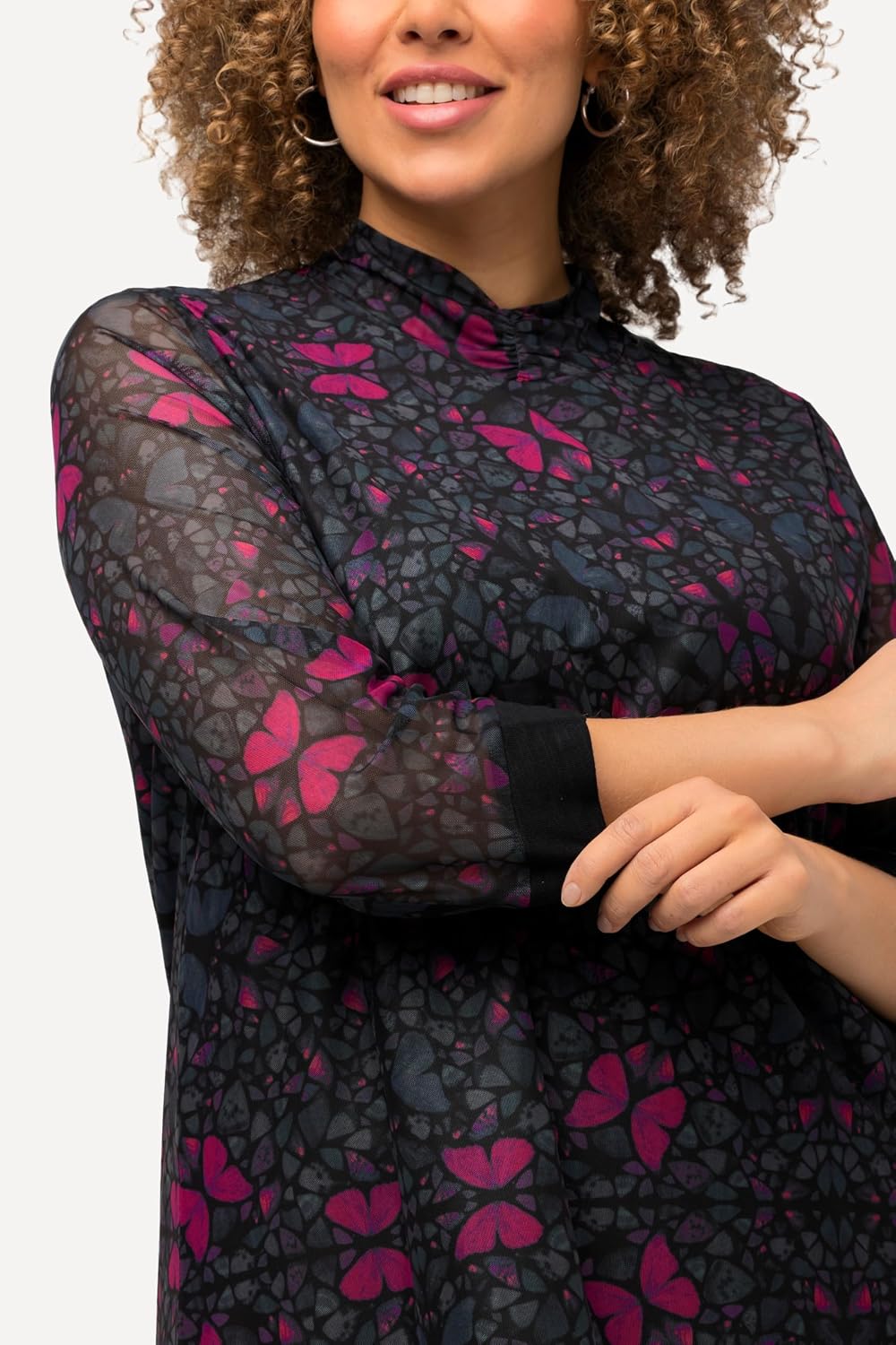 Detalle de Ulla Popken Femme Grandes Tailles T-Shirt en Mesh à Col Montant et Manches 3/4, Ligne A 821280