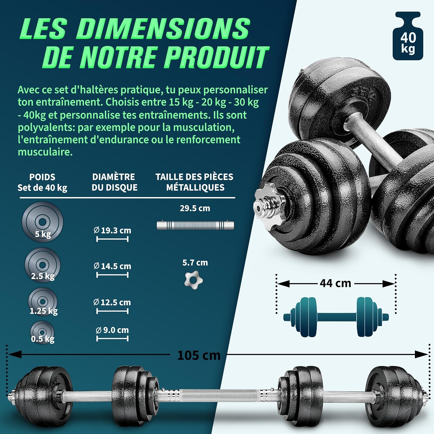 Detalle 2 de RE:SPORT Kit d'haltères 2‑en‑1 15‑40 kg 🏋