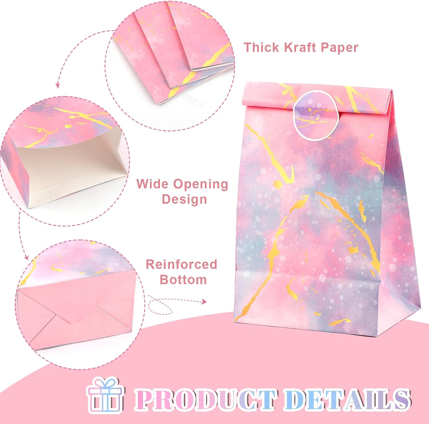 Detalle de 12 Stück Geschenktüten Kindergeburtstag mit Aufklebern – bunte Kraftpapier-Tüten, 22×12×8 cm