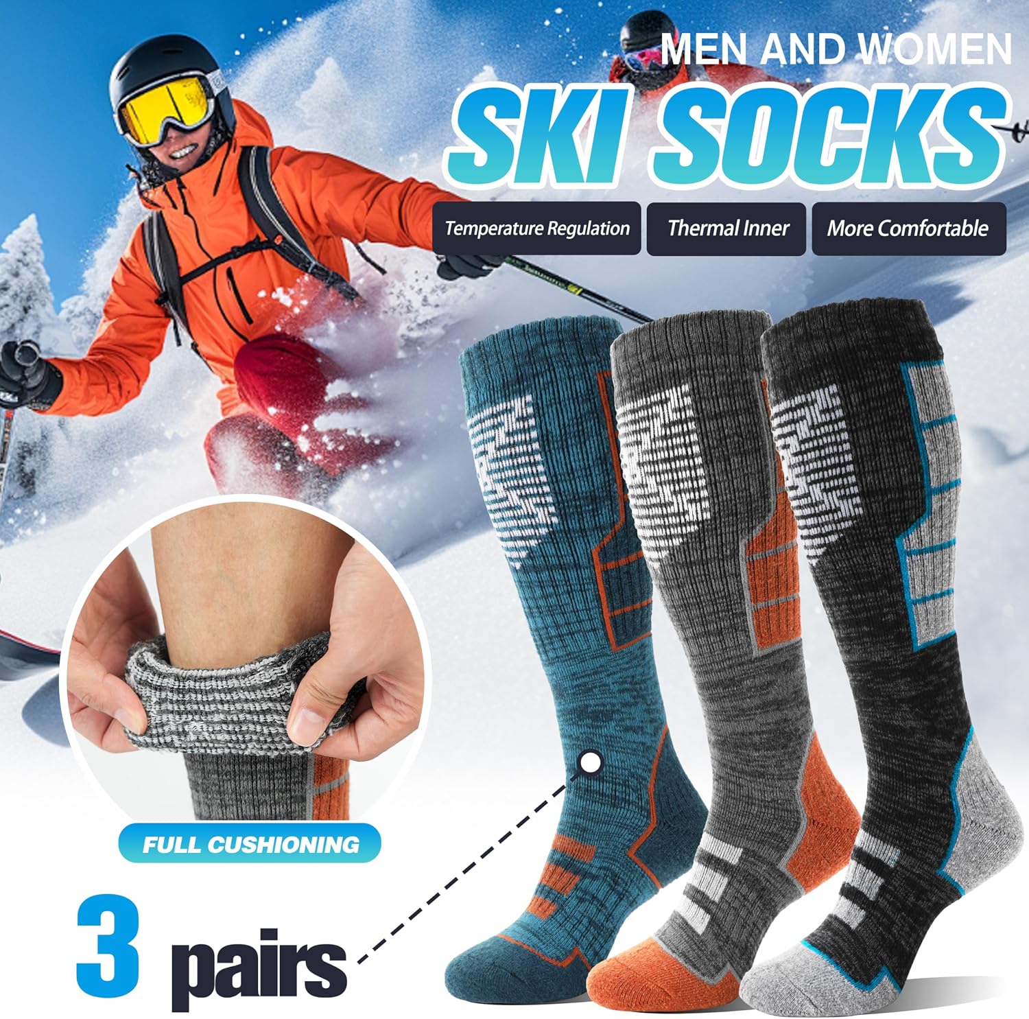 Detalle de Anlisim Merino Wool Ski Socks, 3 Pairs, Knee-High with Cushioning