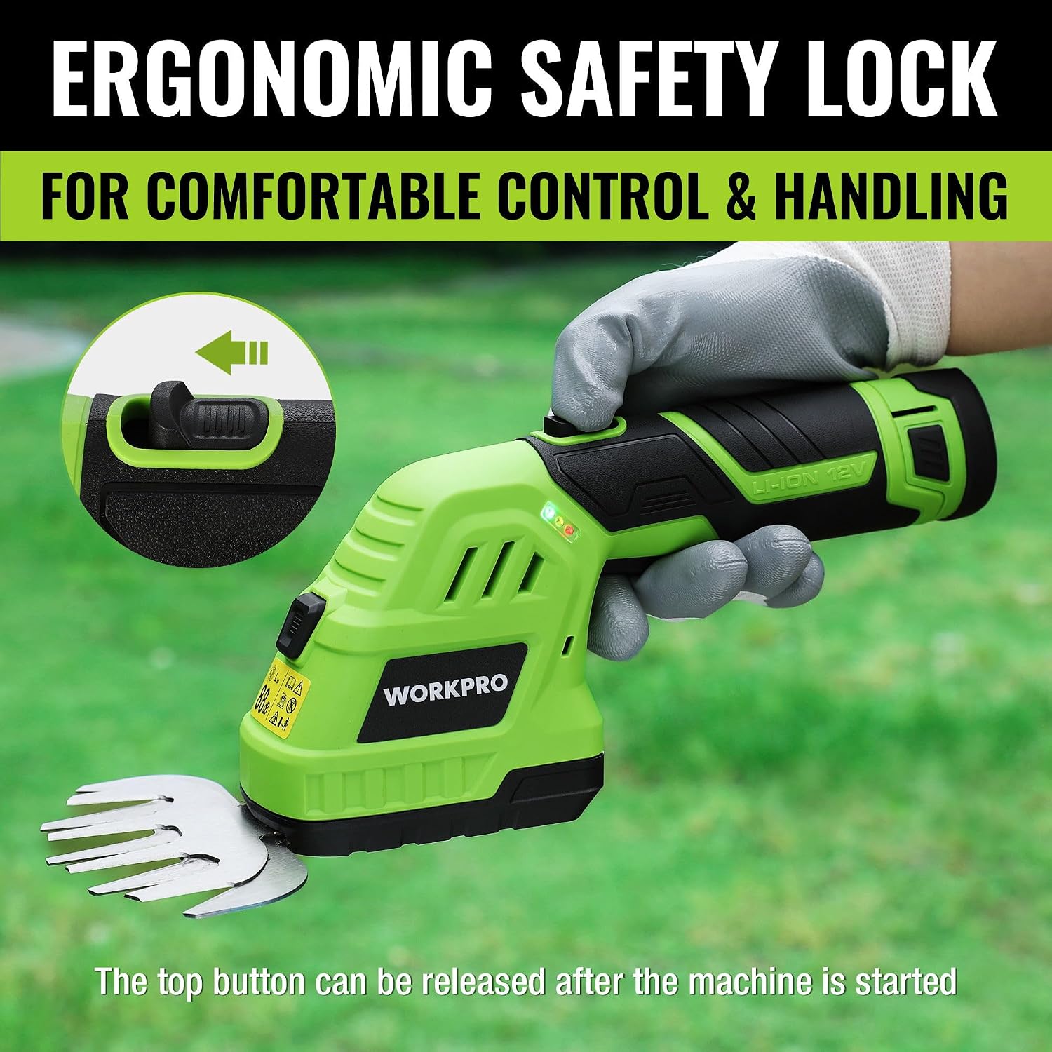 Detalle de WORKPRO 2-in-1 Cordless Hedge Trimmer and Grass Shear (12 V) with 2 Interchangeable Blades