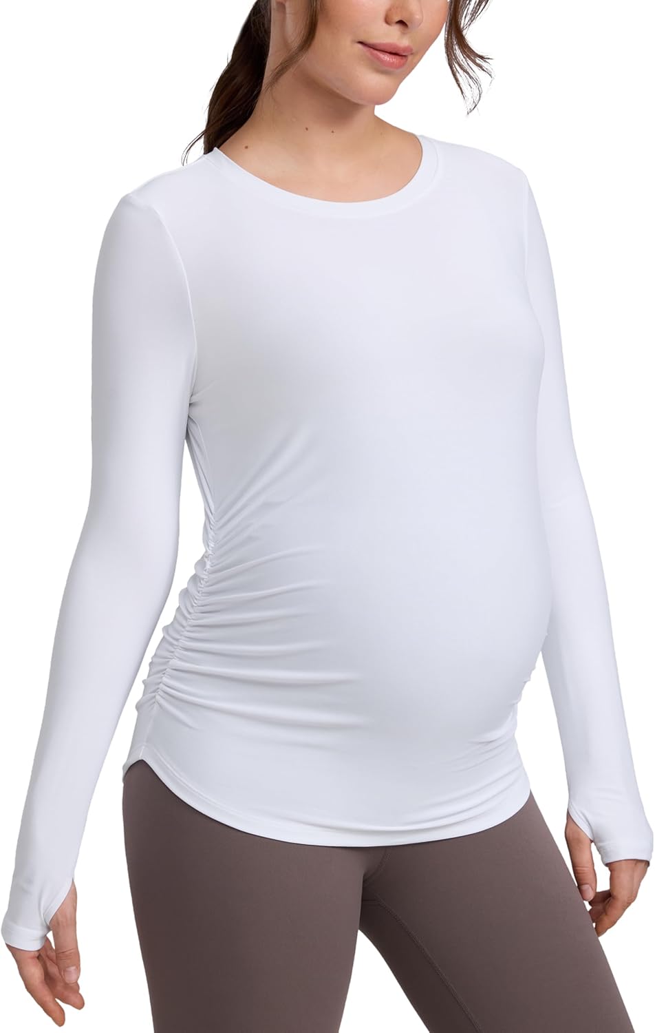 Detalle de CRZ YOGA Womens Cloudweight Maternity Long Sleeve Top – Ruched, Lightweight Pregnancy Shirt