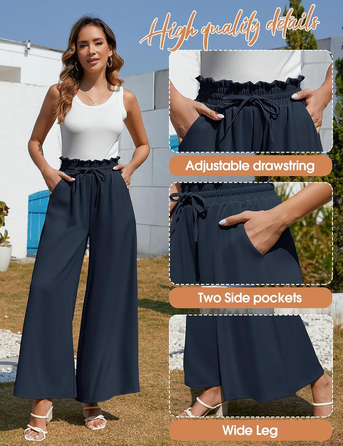 Detalle de CMTOP Pantalon femme fluide d’été à taille haute élastique, jambes larges et poches