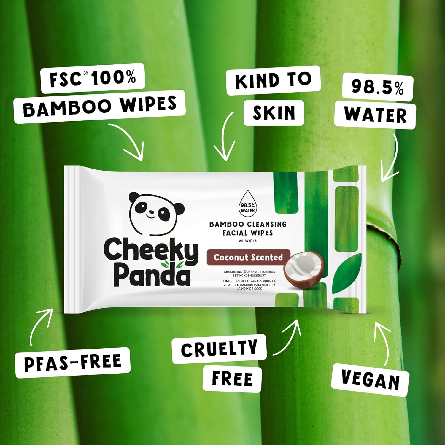 Thumbnail 6 de The Cheeky Panda Bamboo Face Cleanser Makeup Remover Wipes – Coconut Scented (6 x 25 wipes)