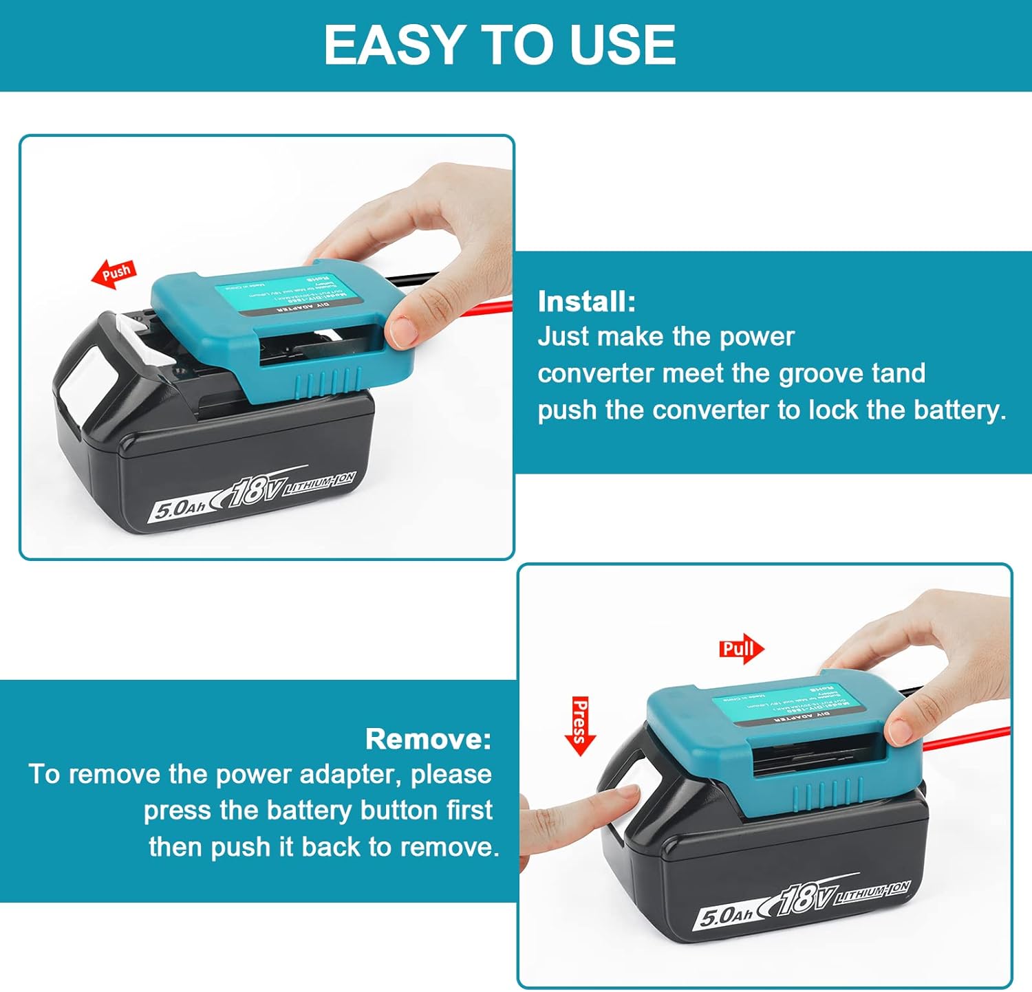 Detalle de 2 Pack QUPERR Power Wheel Adapter avec Fuse & Switch – Adaptateur pour Makita 18V