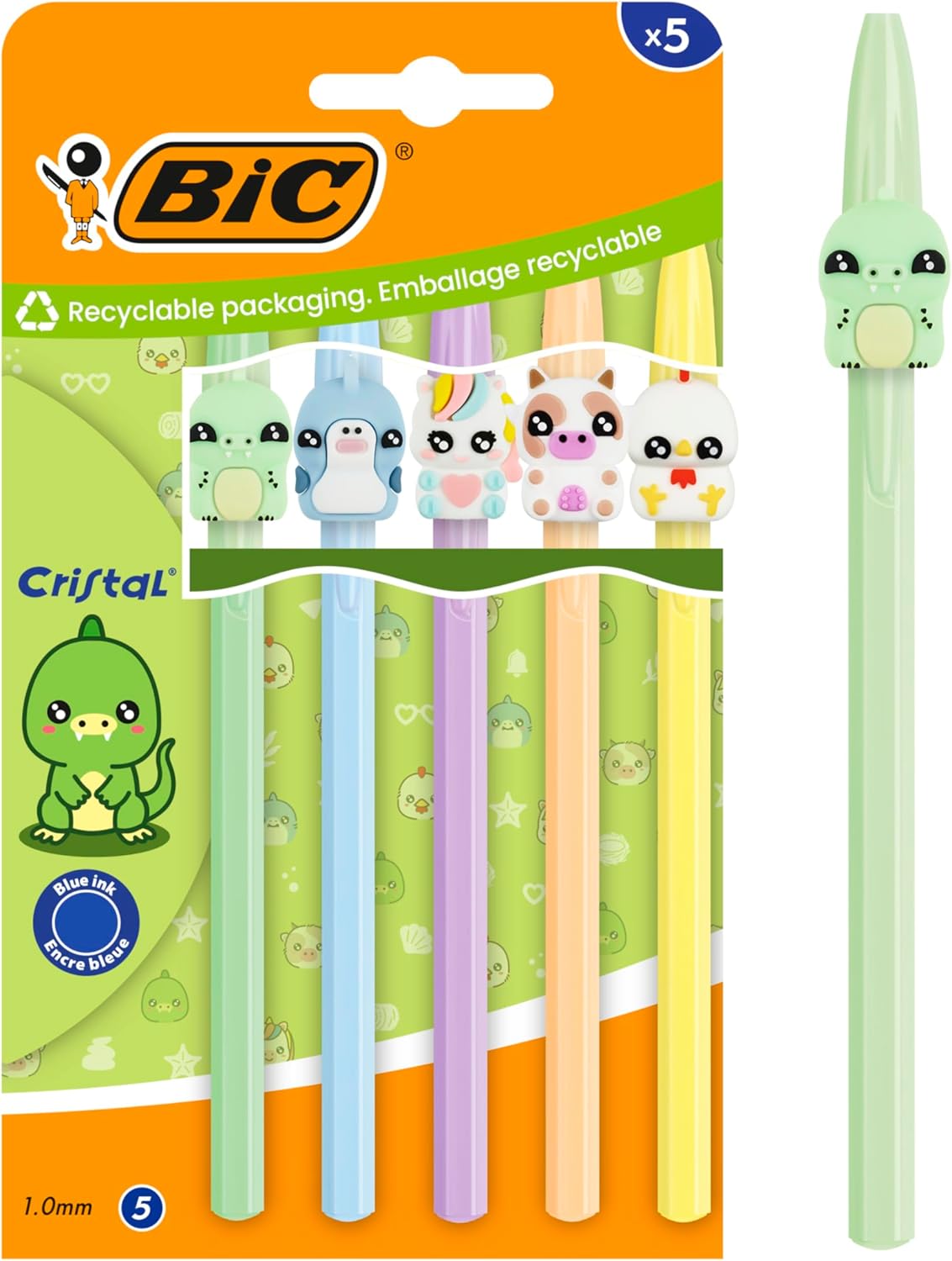 BIC lot de 5 stylos à bille Cristal Pastel Figurines – pointe moyenne 1,00 mm, encre bleue
