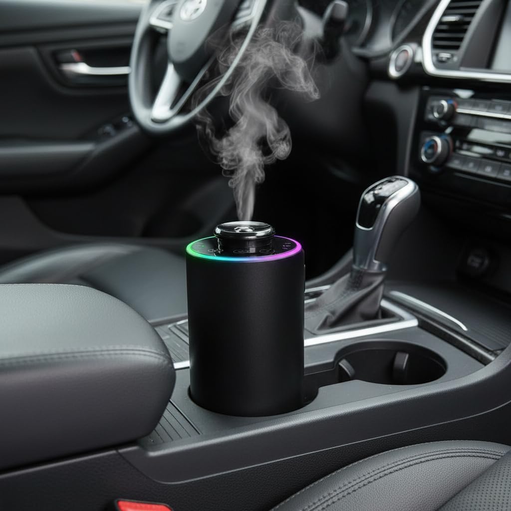 Detalle 2 de Waterless Essential Oil Diffuser - Black Aluminium, 7 Colour LED, Battery Powered Mini Scent Machine