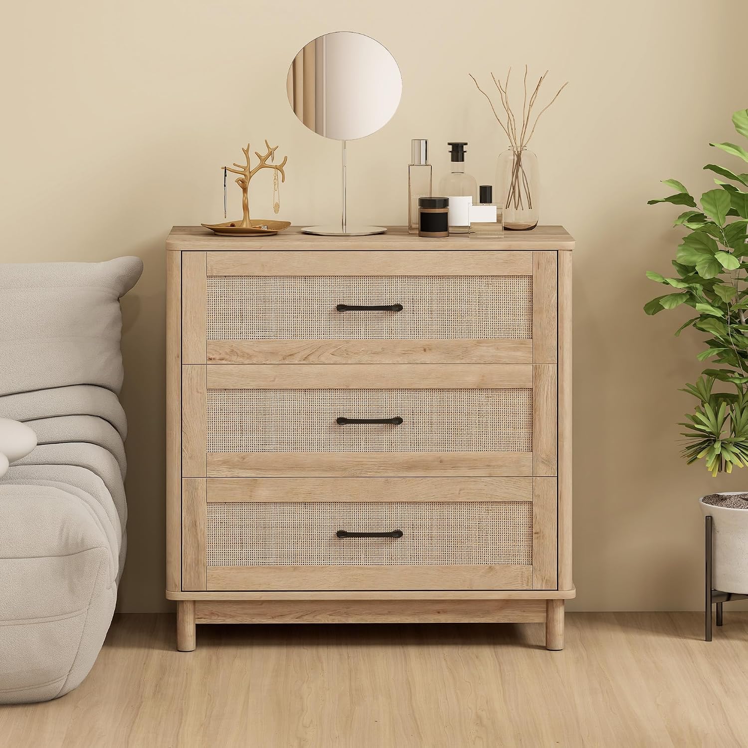 Detalle 2 de HOMCOM 83D-049V00AK Bohemian Rattan Chest of Drawers, Oak, 3 Drawers